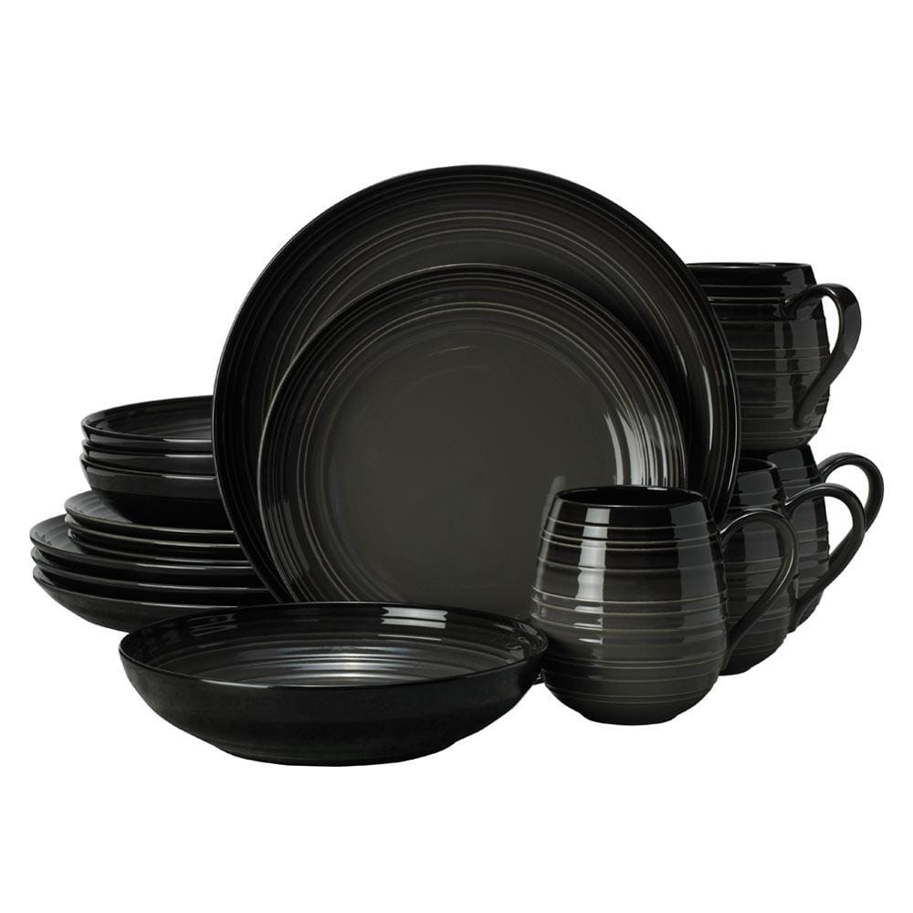 Swirl Black Coupe with Graphite Ombre Accent 16-Piece Dinnerware Set - Service for 4 - Elegant Tableware for Fine Dining, Dinner Parties & Home Decor
