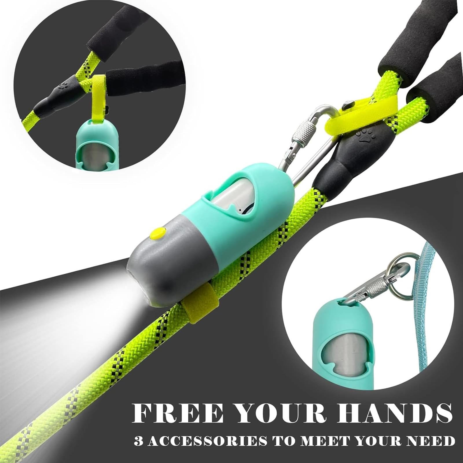 LED Dog Poop Bag Holder with Flashlight | Leash-Mounted Pet Waste Dispenser | Waterproof Doggie Potty Bags Container & Accessories (2 Holders + 30 Bags, Mint Green) | Perfect for Night Walks, Park Visits & Travel