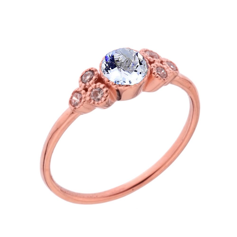 14k Rose Gold Aquamarine Floral Cluster Promise Ring with White Topaz | Dainty Elegant Engagement Ring for Women | Perfect for Valentine's Day, Anniversary & Proposal Gift
