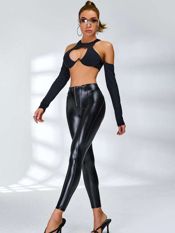 ZASUWA Women's Faux Leather Push Up Tracksuit with Zipper & Hip Lift Design - Breathable Hollow Out Gym Outfit for Yoga, Workout & Streetwear Fashion