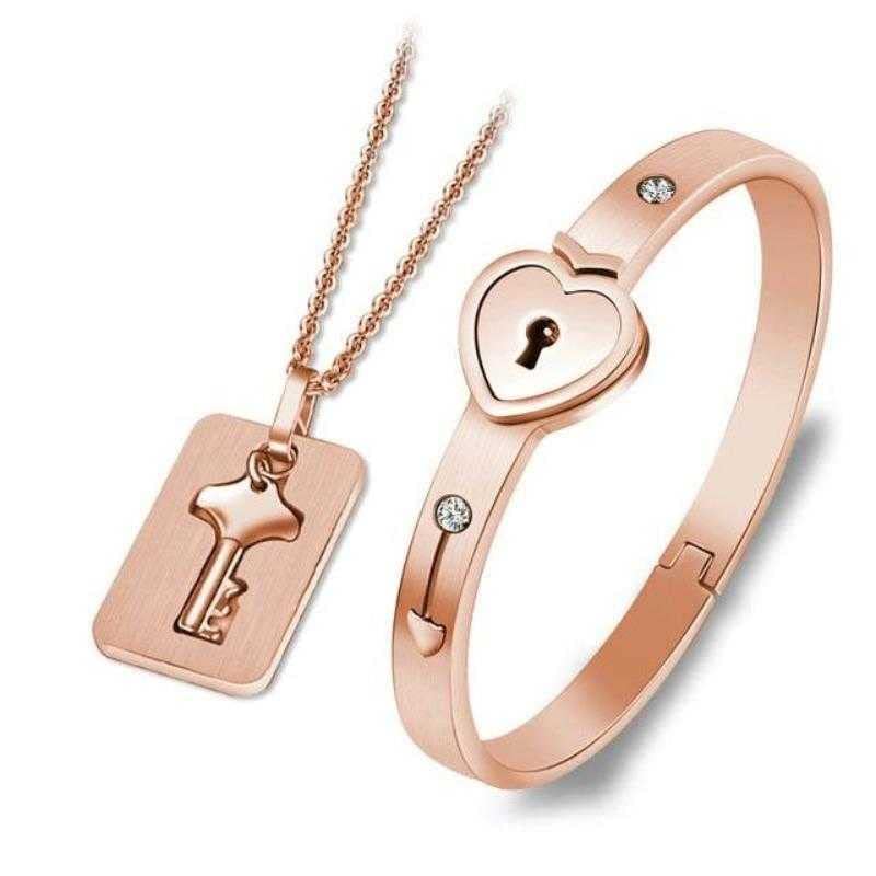 Panda Heart Lock Bracelet & Key Pendant Necklace Set - His and Her Matching Couple Jewelry for Anniversary, Valentine's Day, Wedding & Engagement - Perfect Romantic Gift for Couples, Lovers & Special Occasions
