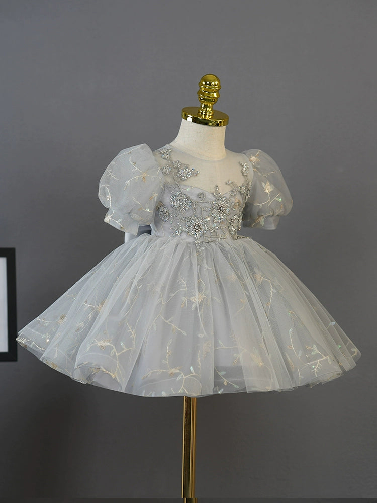 Grey Princess Round Tea Length Tulle Flower Girl Dress for Weddings & Special Occasions