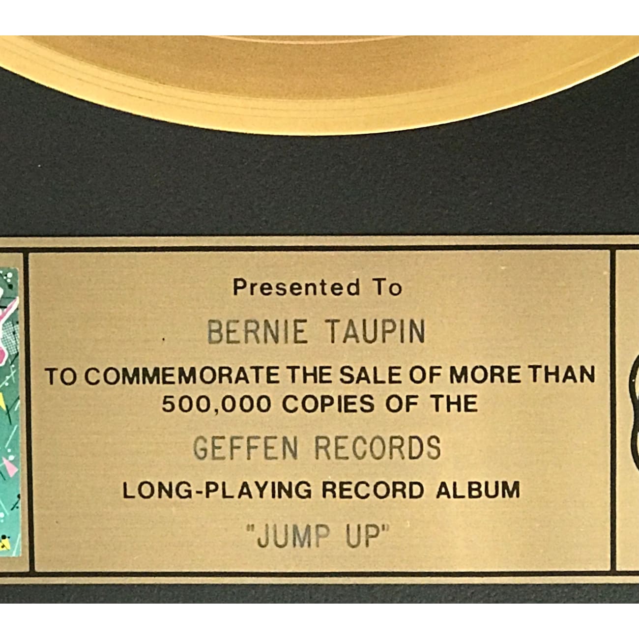 Elton John Jump Up! RIAA Gold Album Award Presented to Bernie Taupin - Rare Collectible Music Memorabilia for Fans & Display