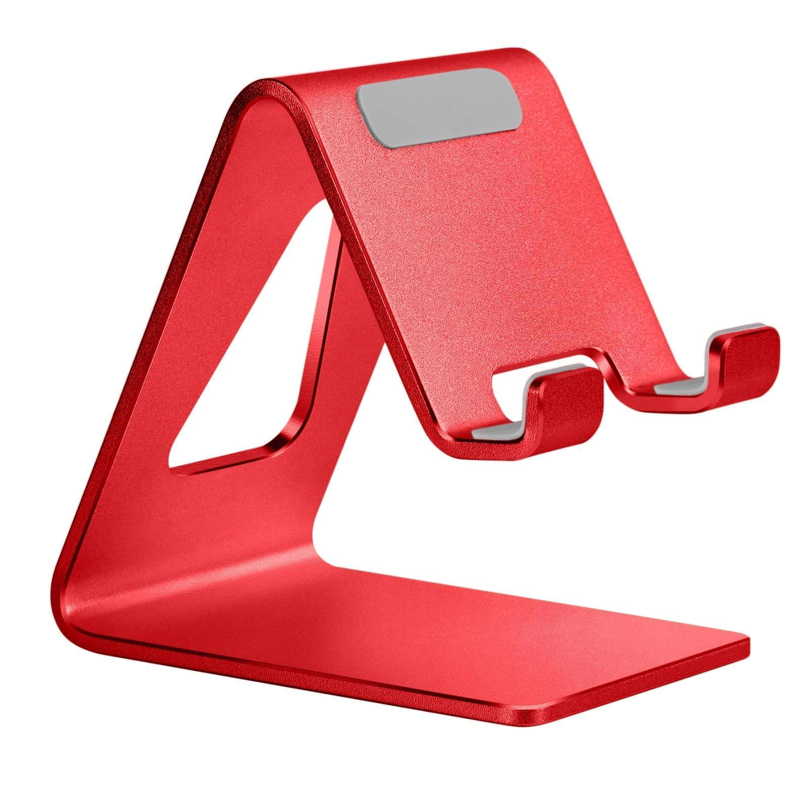 Aluminum Phone Stand Holder for Desk - Universal Mobile Phone Cradle Dock Compatible with iPhone 14/13/12/11/X/8/7/6/SE & Samsung Galaxy - Red - Perfect for Office, Home & Car Use