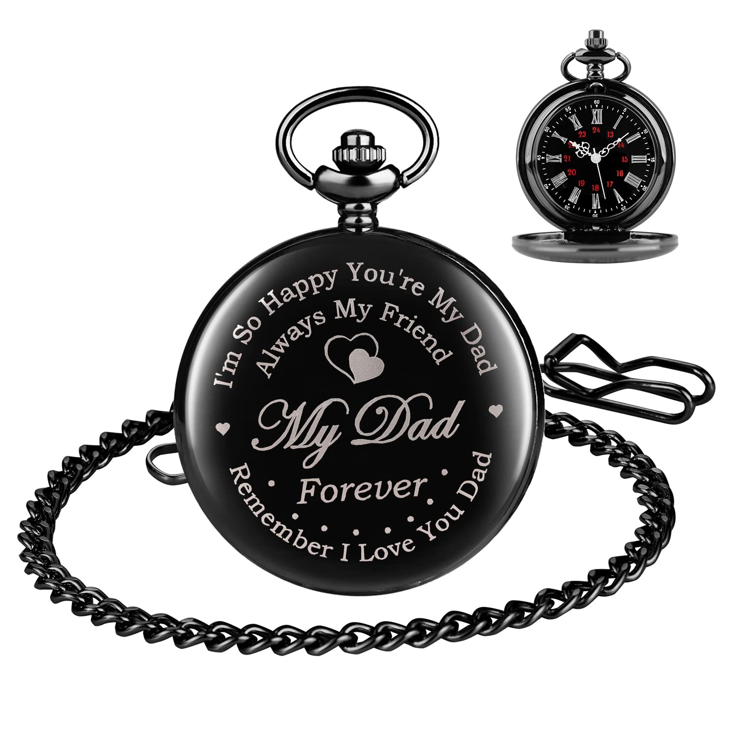 Vintage Engraved Quartz Pocket Watch with Chain - Classic Gift for Dad, Grandpa, Father's Day, Birthday & Retirement - Perfect for Formal Events, Weddings & Collectors