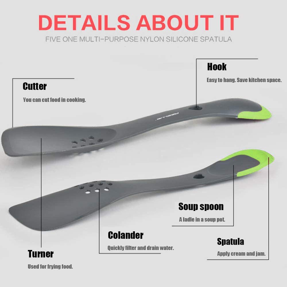 5-in-1 Multifunctional Kitchen Utensil Set - Nonstick Turner, Cutter, Colander, Soup Spoon & Spatula (Green) - Perfect for Cooking, Baking, Serving & Food Prep