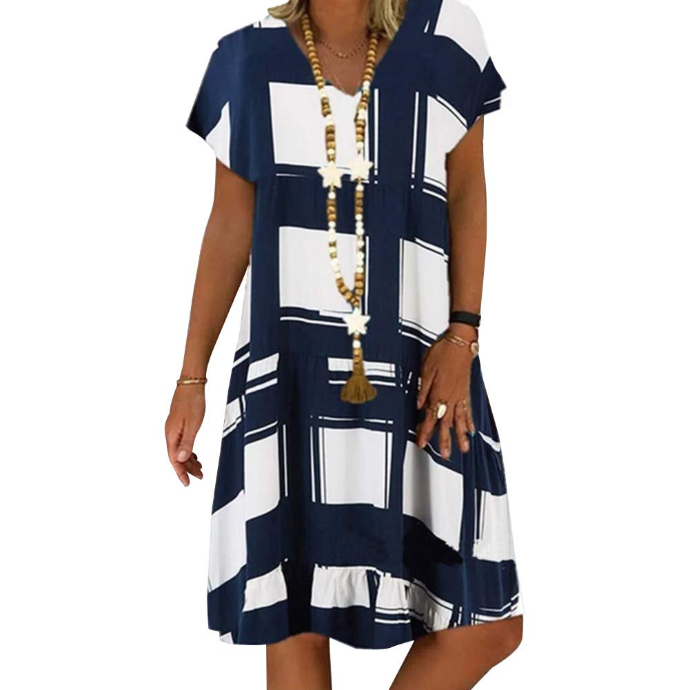 GLOA Women's Plus Size Casual Dress - V Neck Short Sleeve Digital Print Loose Knee-Length Summer Dress for Beach, Vacation & Everyday Wear