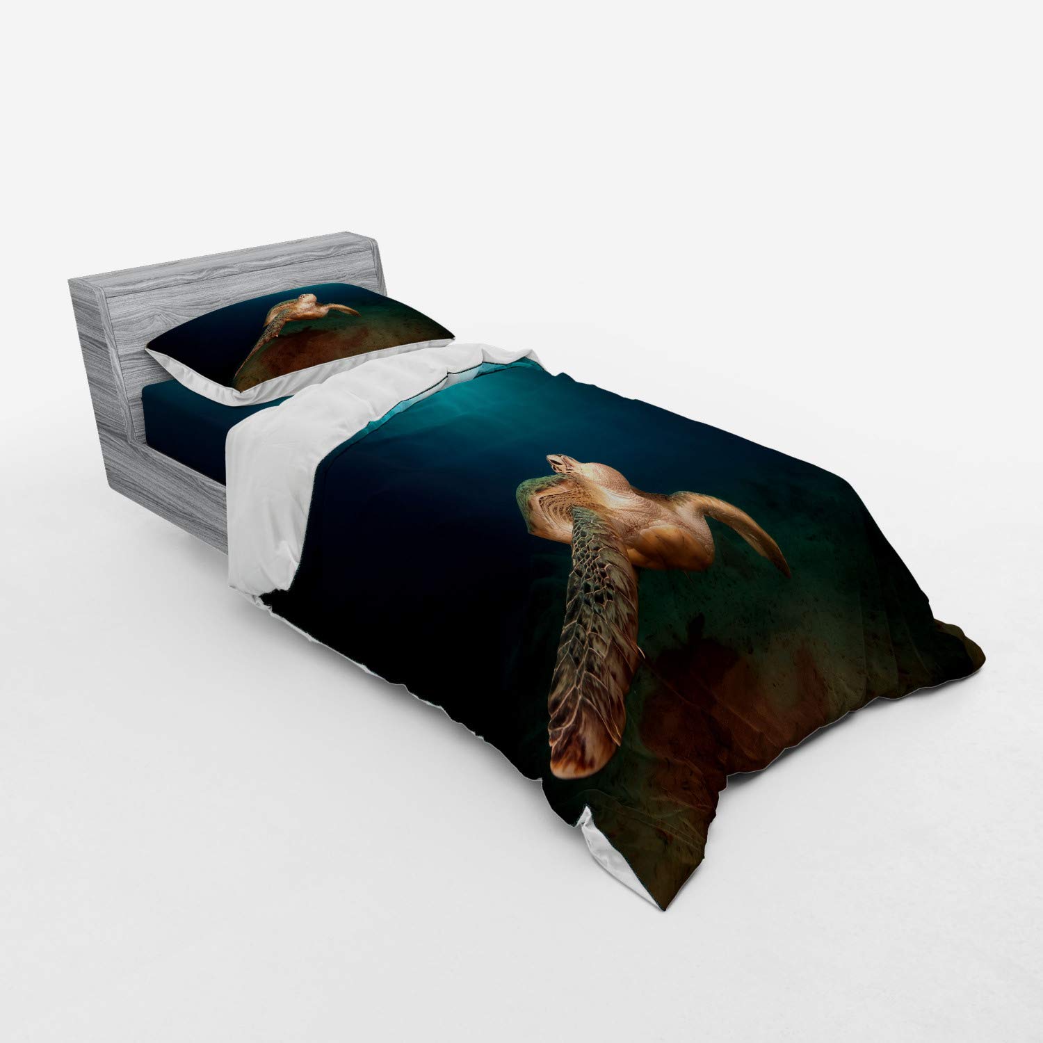Ambesonne 3-Piece Turtle Duvet Cover Set - Twin Size, Green Turtle Swimming Underwater with Sunbeams Aquatic Wildlife Design, Includes Duvet Cover + Sham + Fitted Sheet (Aqua, Dark Blue, Pale Brown) | Perfect for Kids' Bedroom, Beach House Decor or Wildlife Theme Nursery