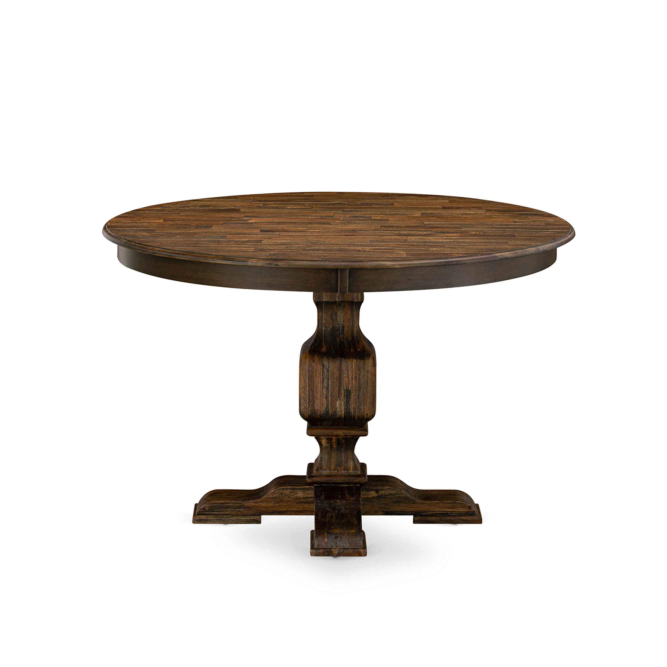 East West Furniture 5-Piece Round Dining Table Set with Pedestal Base & 4 Linen Fabric Parson Chairs, 48x48 Inch, Distressed Jacobean Finish – Perfect for Small Kitchen, Breakfast Nook, and Cozy Apartment Dining