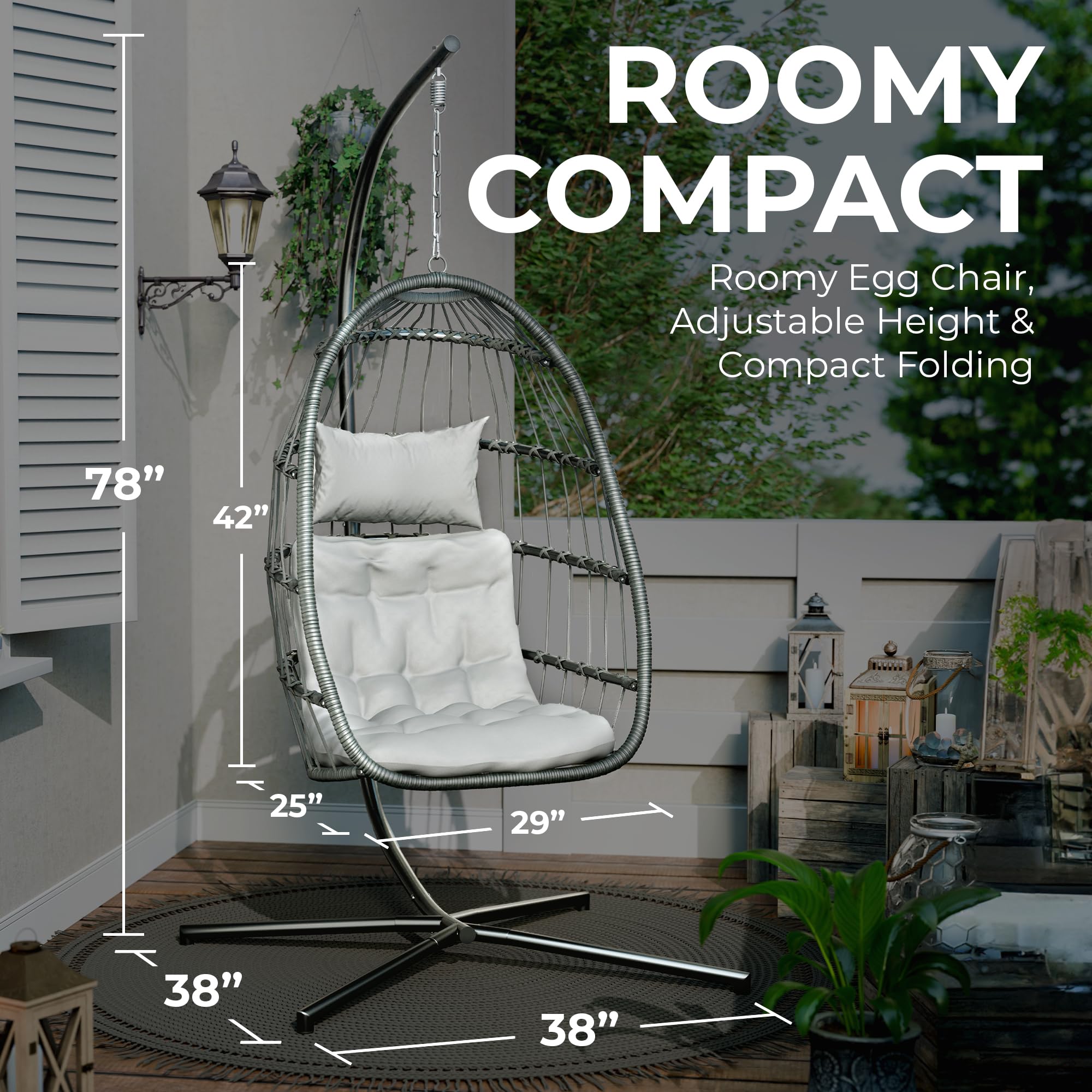 Econohome Hanging Egg Chair with Stand - Indoor/Outdoor Swing Hammock Chair with Plush Washable Cushions, 350LBS Weight Capacity - Perfect for Bedroom, Balcony, Garden, Patio Relaxation & Boho Home Decor