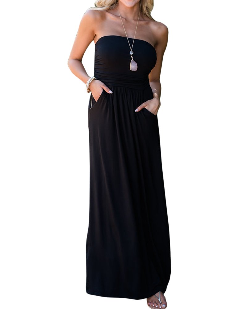 Ofenbuy Women's Off The Shoulder Maxi Dress - Summer Strapless Bandeau Long Dress with Pockets | Beach Wedding, Vacation, Party Wear