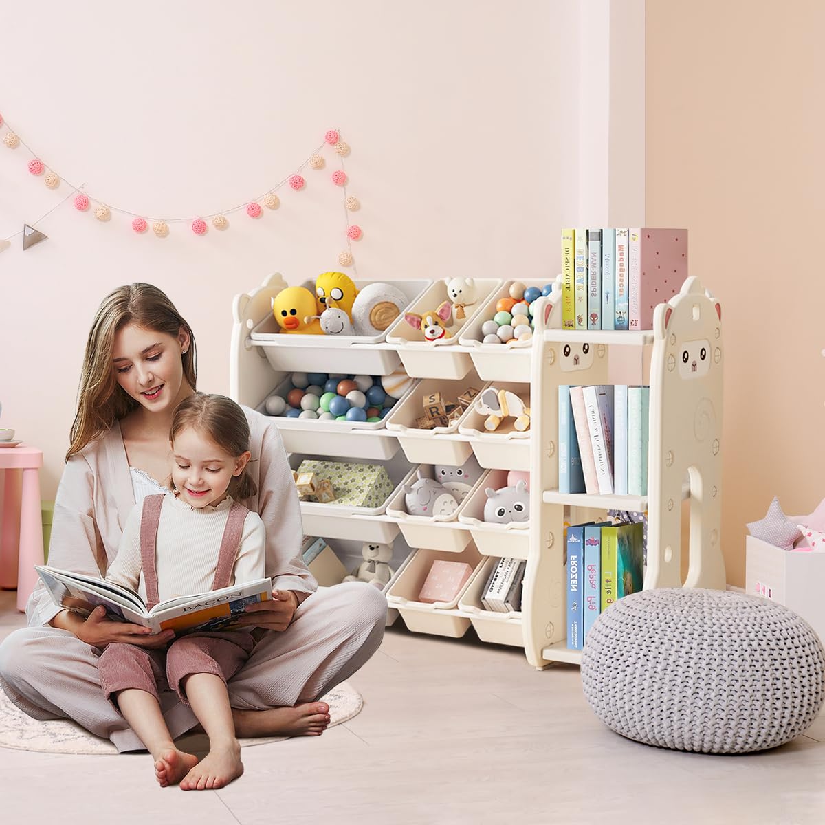 **4-Tier Kids Bookshelf with 12 Storage Bins - Multi-Purpose Toy Organizer for Books & Toys - White Toddler Bookcase for Playroom, Bedroom, Daycare & Nursery - Perfect for Organizing and Decorating Kids' Spaces**