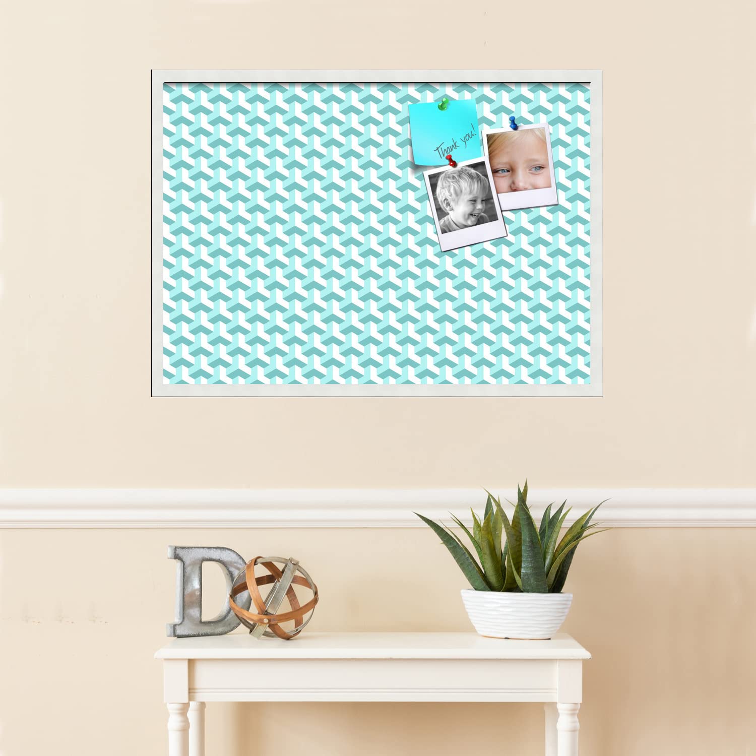 PinPix 34x24 Inch Cork Bulletin Board with BAUS Aqua Design & Satin White Frame - Decorative Wall Pin Board for Home Office Decor, School Classroom, Dorm Room & Workspace Organization