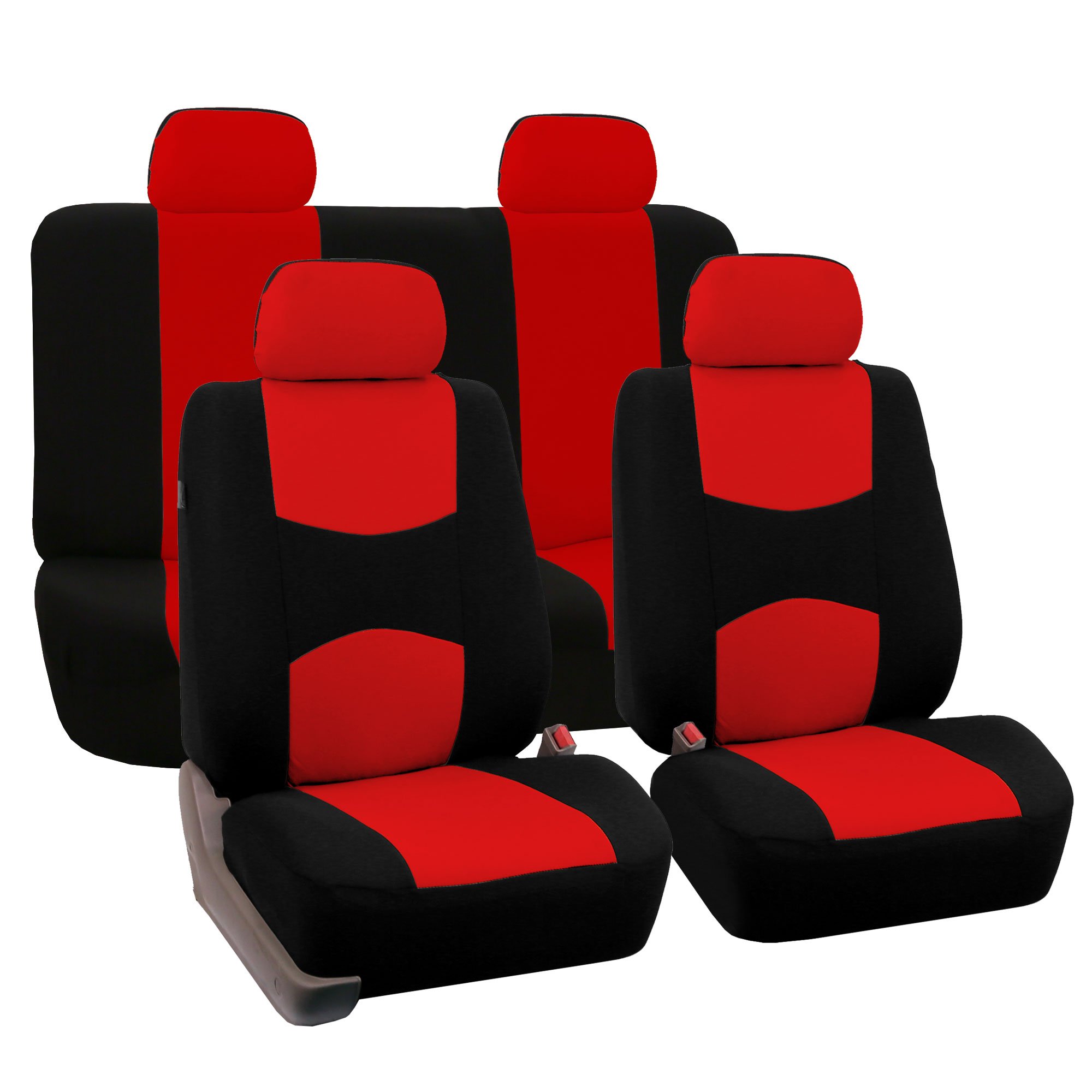FH Group Full Set Flat Cloth Car Seat Covers - Universal Fit for Cars, Trucks & SUVs | Non-Slip Dash Grip Pad & Rear Bench Protector | Red Interior Accessories for Comfort & Style | Perfect for Road Trips, Daily Commutes & Vehicle Protection