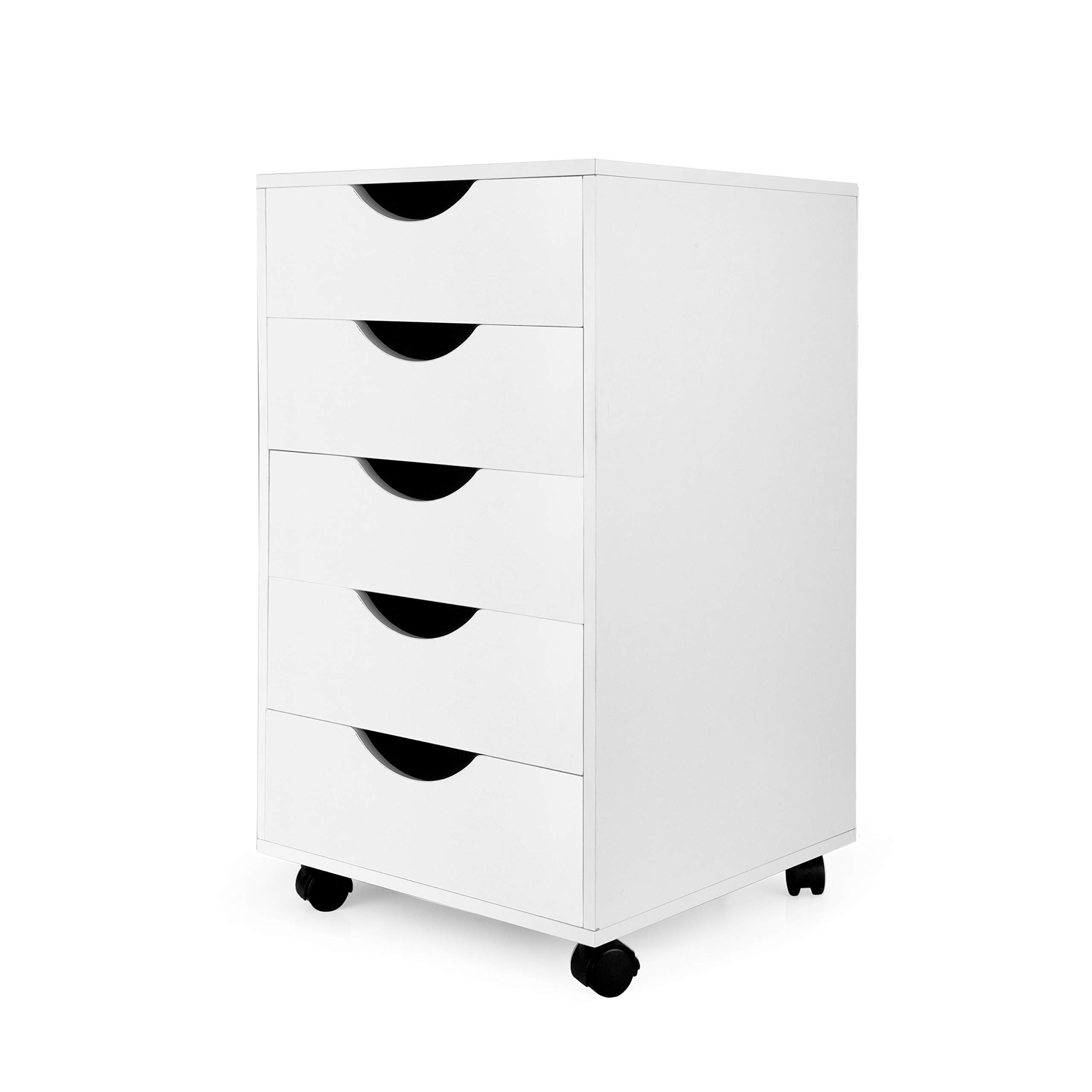 White Wooden 5-Drawer Mobile File Cabinet with Wheels - Rolling Storage Organizer Cart for Home Office, School, or Classroom Organization