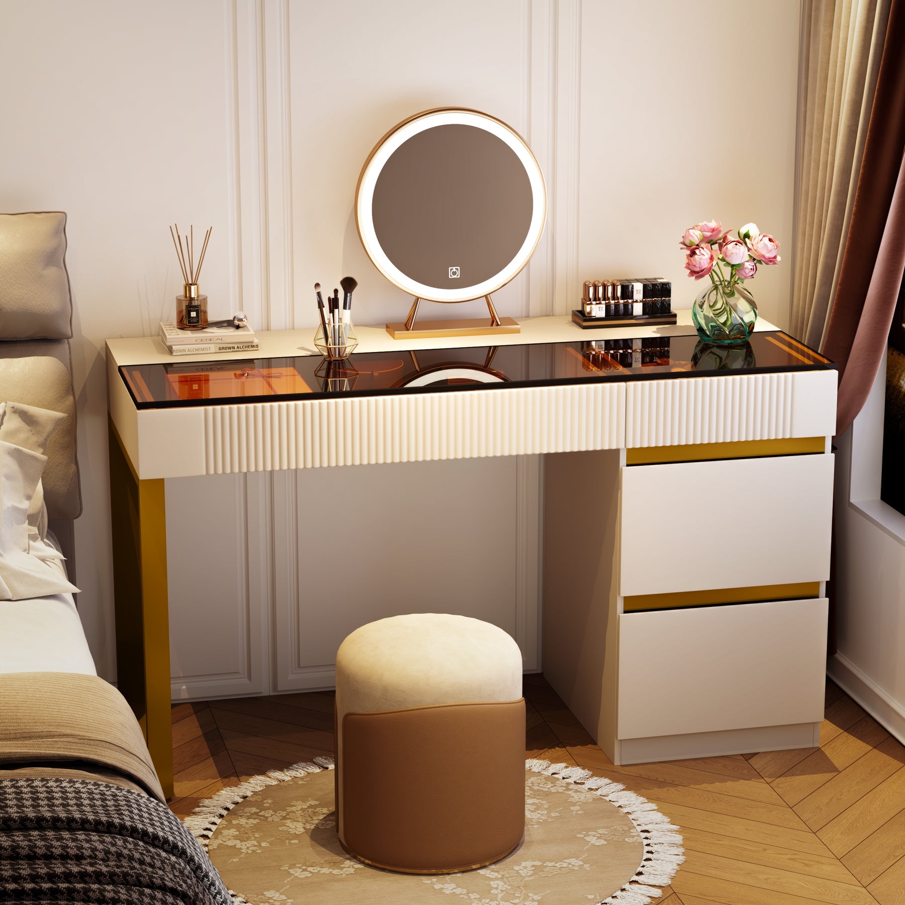 4 Drawer Makeup Vanity with Glass Top - Modern Dressing Table for Bedroom & Bathroom (No Mirror Included) - Perfect for Cosmetics Storage & Beauty Organization