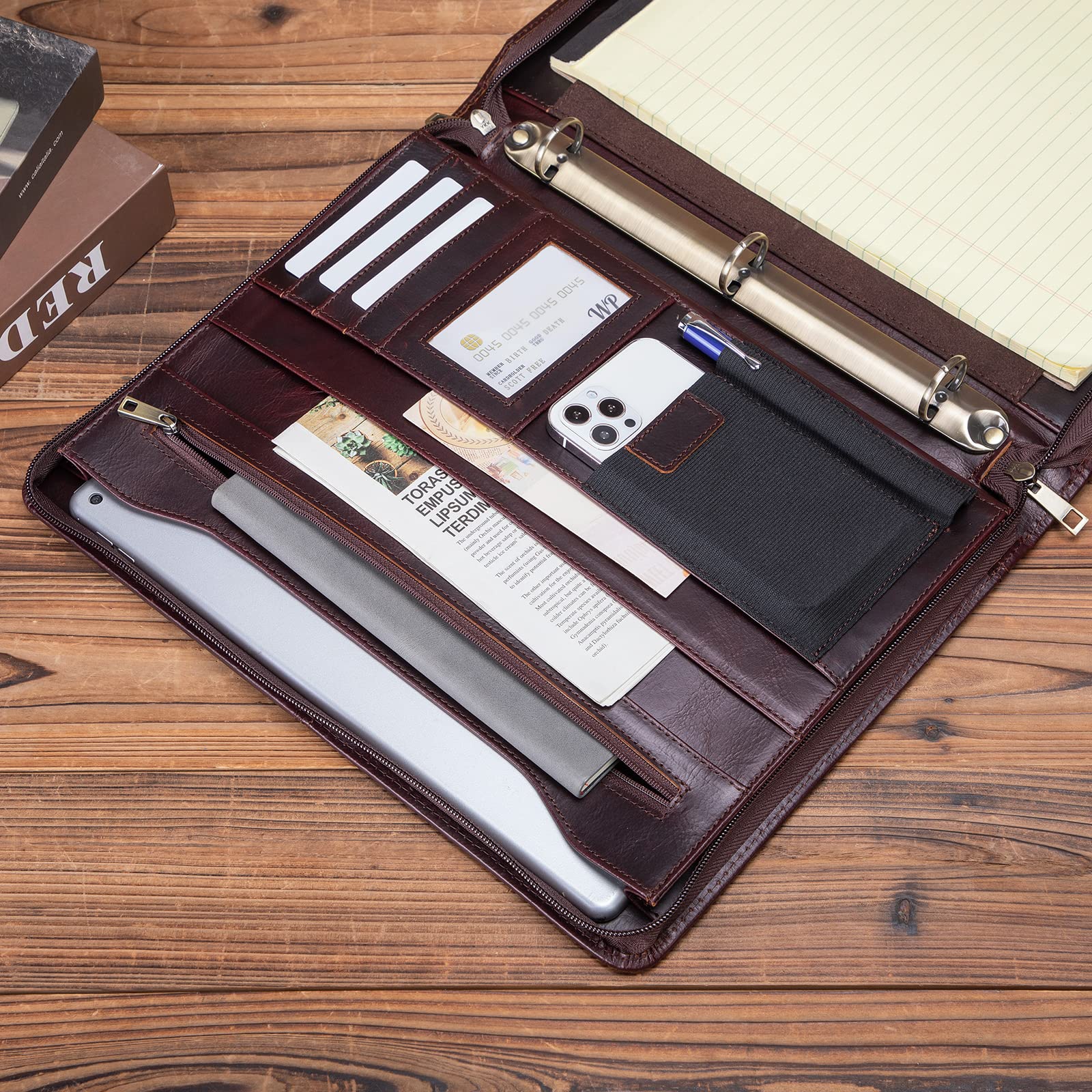Premium Full Grain Leather Portfolio with 3-Ring Binder | Zippered A4 Notebook Holder & Laptop Sleeve | Professional Organizer for Business Meetings, Office Work & Travel | Oil-Tanned Dark Brown Leather Gift for Men & Women