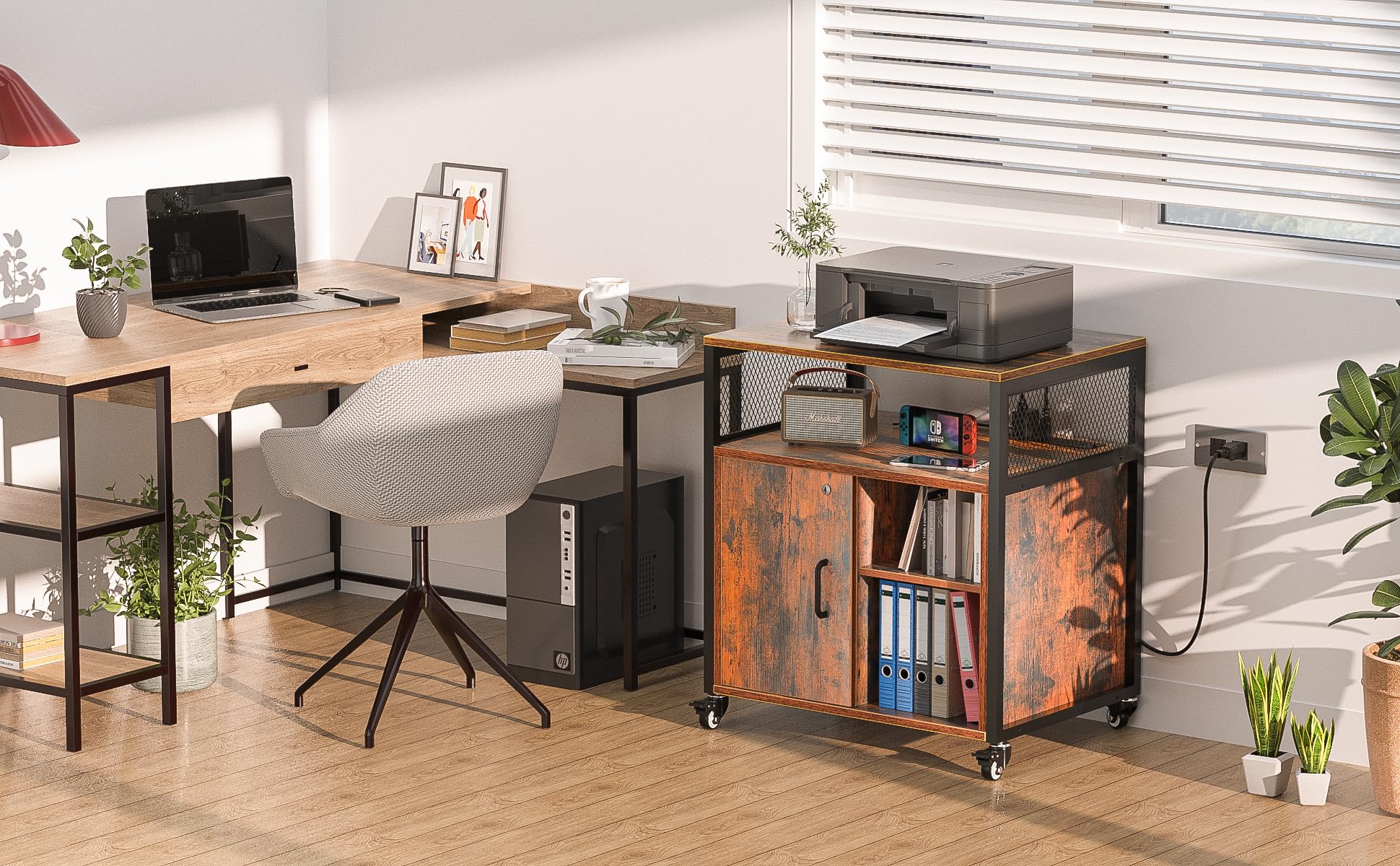 Locking Braking Wheels File Cabinet with Charging Station & Storage - Heavy Duty Mobile Filing Cabinet for Office & Home, A4 Letter Size Document Organizer - Perfect for Workspaces, Home Offices & Printer Stand Storage Solutions