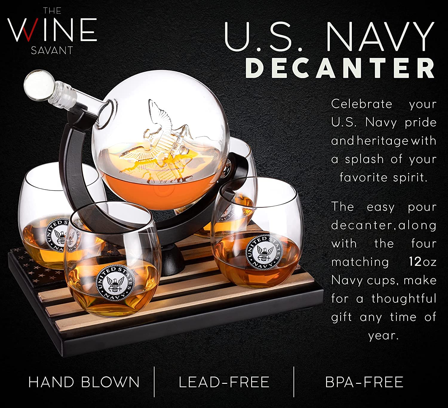 Premium U.S. Navy Globe Whiskey Decanter Set with 4 Crystal Glasses & 9 Whiskey Stones - Veteran Gift Box with Wooden Base - Patriotic Military Bourbon Scotch Gifts for Men, Dad - Perfect for Home Bars, Man Caves & Navy Themed Parties