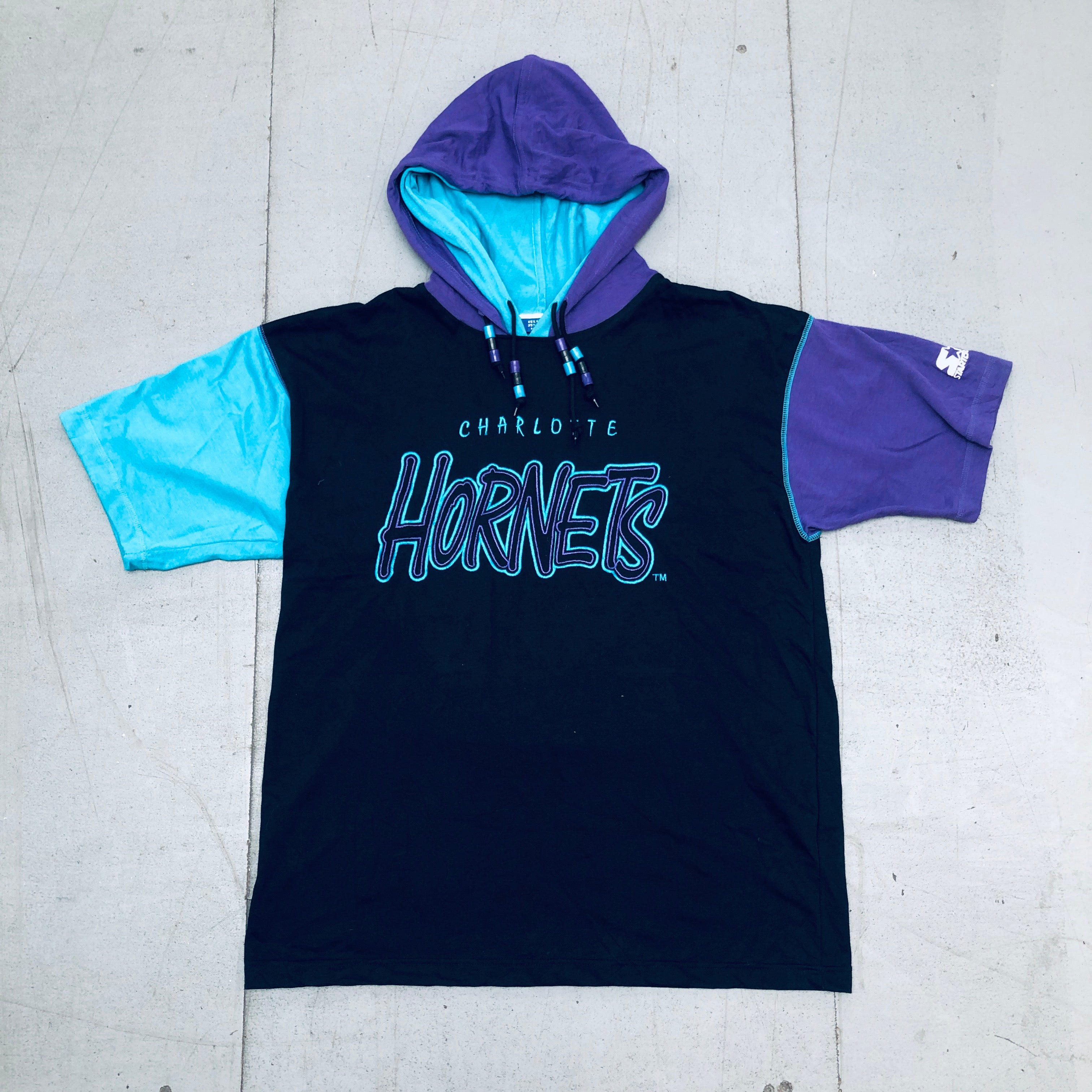 Vintage 1990s Charlotte Hornets Graffiti Spellout Double Hooded Starter Sweatshirt - Large/XL - Retro NBA Basketball Fan Apparel for Men, Streetwear & Game Day Outfits