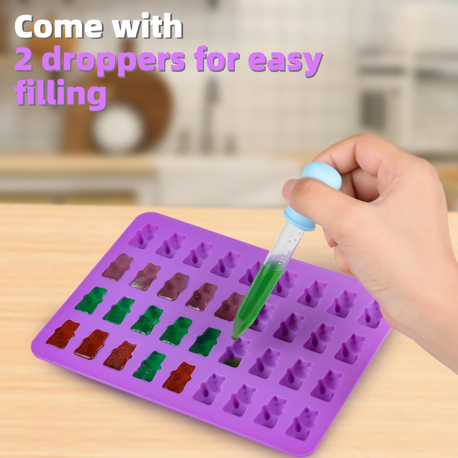 Premium Silicone Gummy Bear Molds (2ml) - Food Grade Candy Making Kit with 2 Droppers for DIY Gummies, Jello, Chocolate & Homemade Treats - Perfect for Birthday Parties, Baking Decorations & Kids Snacks