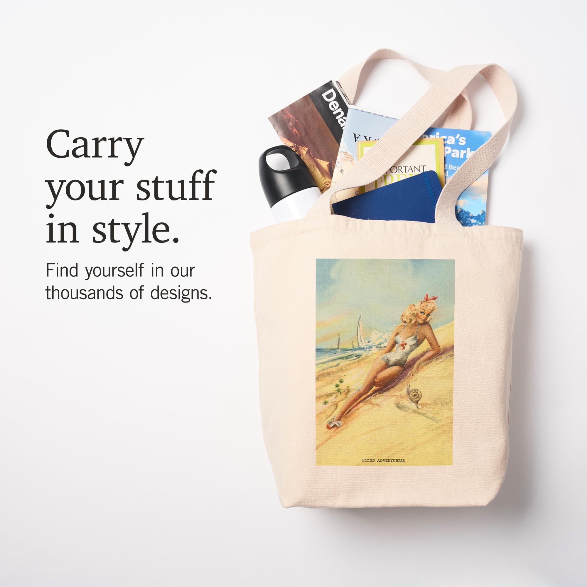 Pin-up Girl Blonde Adventuress Beach Tote Bag - 100% Cotton Canvas Reusable Shopping Bag for Groceries, Beach Trips & Everyday Use