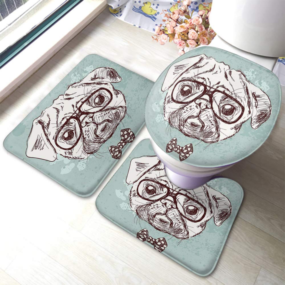 Swono Vintage Hipster Pug Dog Bath Mat Set - 3-Piece Non-Slip Rubber Bathroom Rugs with Glasses & Bow Design for Hotel, Spa, Home Toilet Floor Mats - Perfect for Bathroom Decor & Pet Lovers