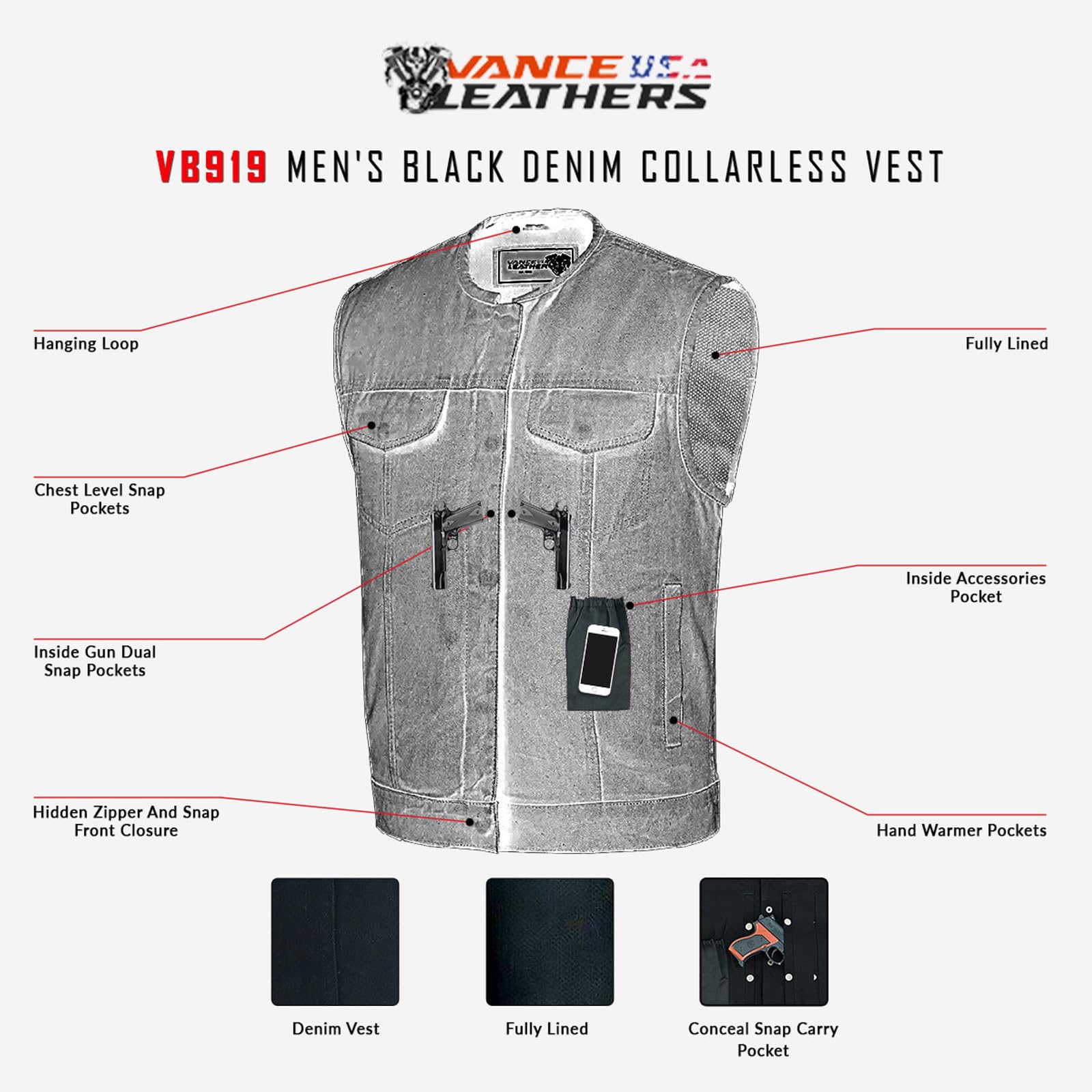 Vance Leather Men's Black Denim Collarless Club Vest with Conceal Carry Pockets - Stylish Motorcycle Jacket for Bikers & Outdoor Enthusiasts