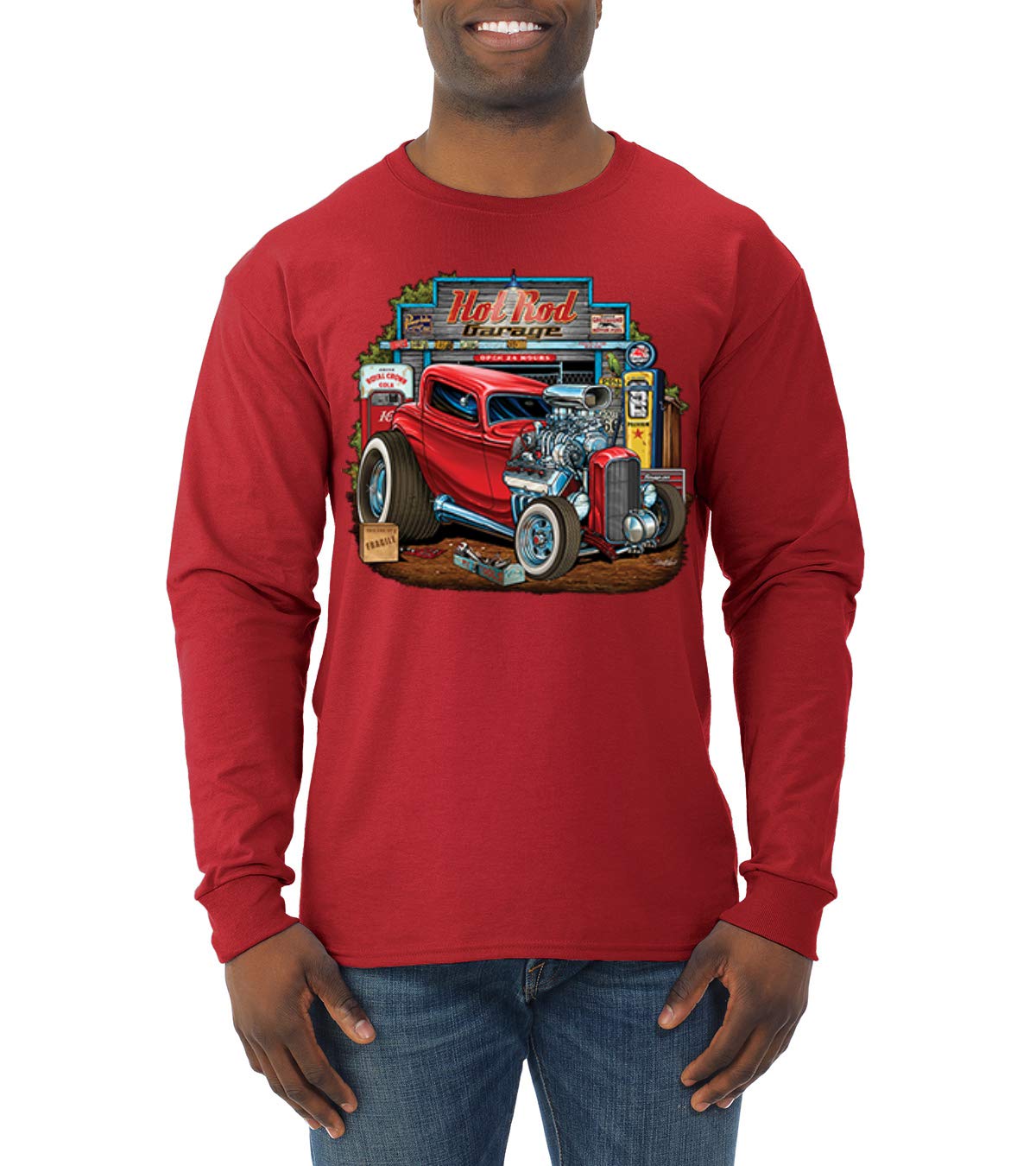 Vintage Hot Rod Old Garage Cars and Trucks Men's Long Sleeve Shirt - Classic Retro Style for Car Enthusiasts, Perfect for Car Shows, Cruises & Casual Wear
