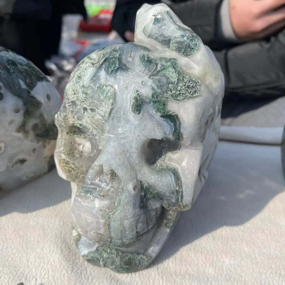 1PC Natural Moss Agate Quartz Skull - 2200-2400G Hand Carved Crystal Healing Stone for Meditation, Reiki & Home Decor - Unique Spiritual Gift & Feng Shui Decor