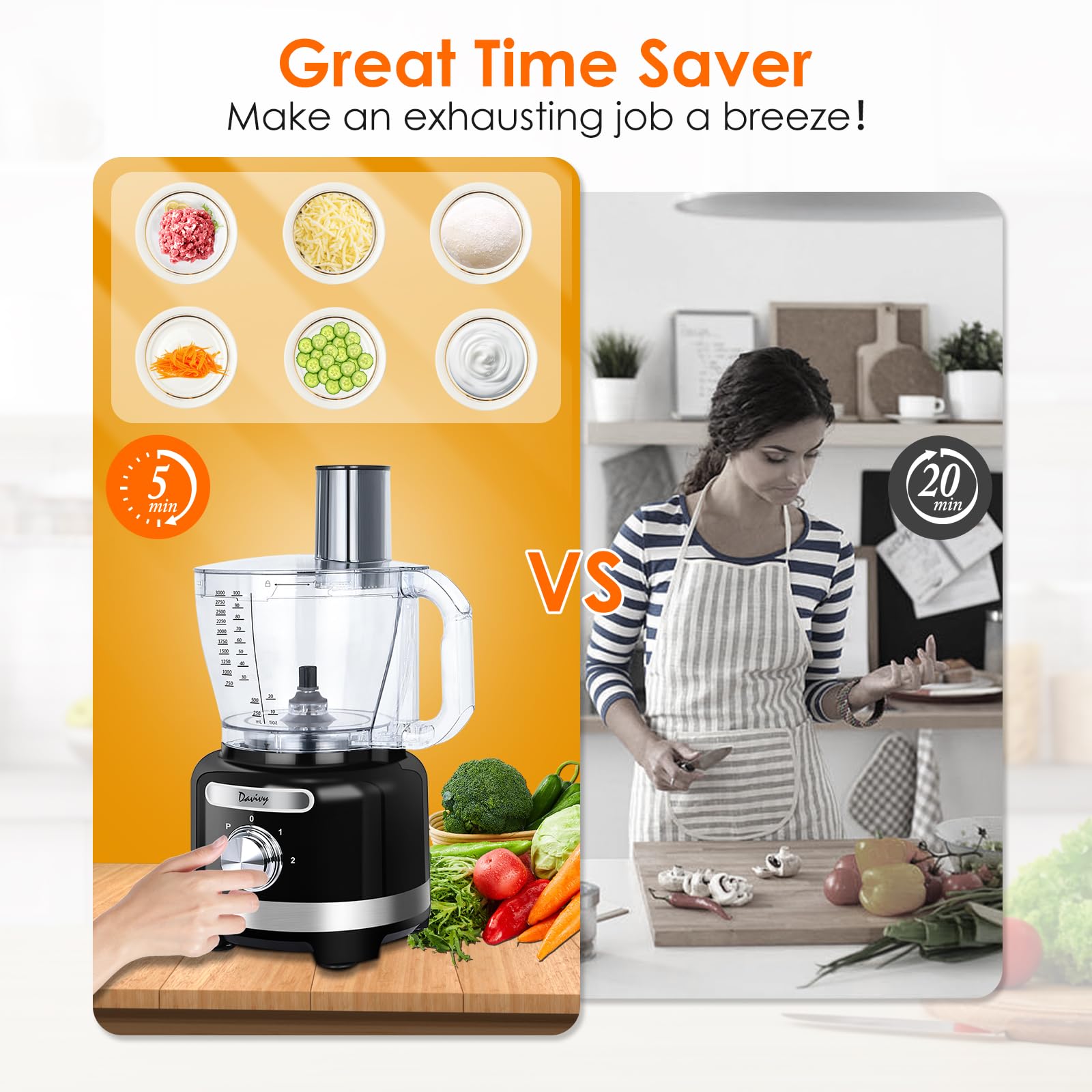 Davivy 16-Cup Food Processor Blender Combo - 600W 10-in-1 for Chopping & Blending - Perfect for Home Cooking
