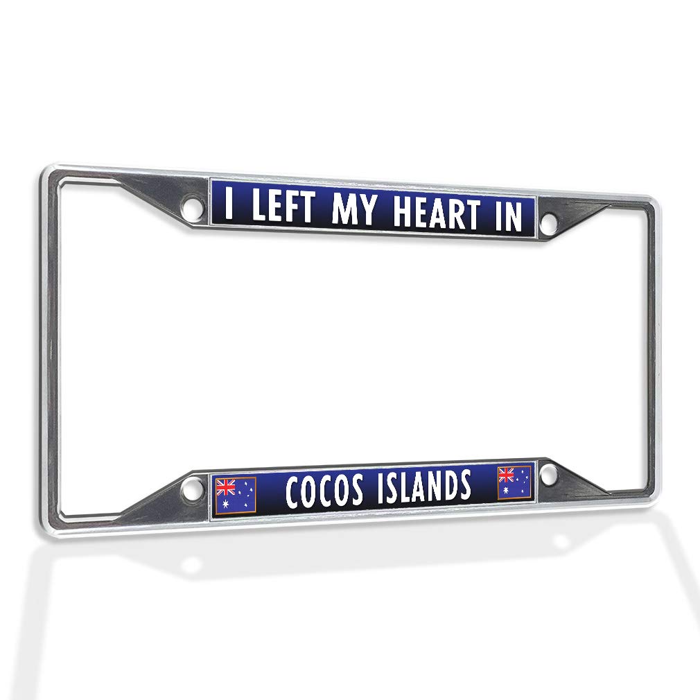 Sturdy Metal Insert License Plate Frame - 'I Left My Heart in Cocos Islands' Weatherproof Car Accessory with Chrome Finish & 4-Hole Design - Perfect for Car Enthusiasts & Island Lovers