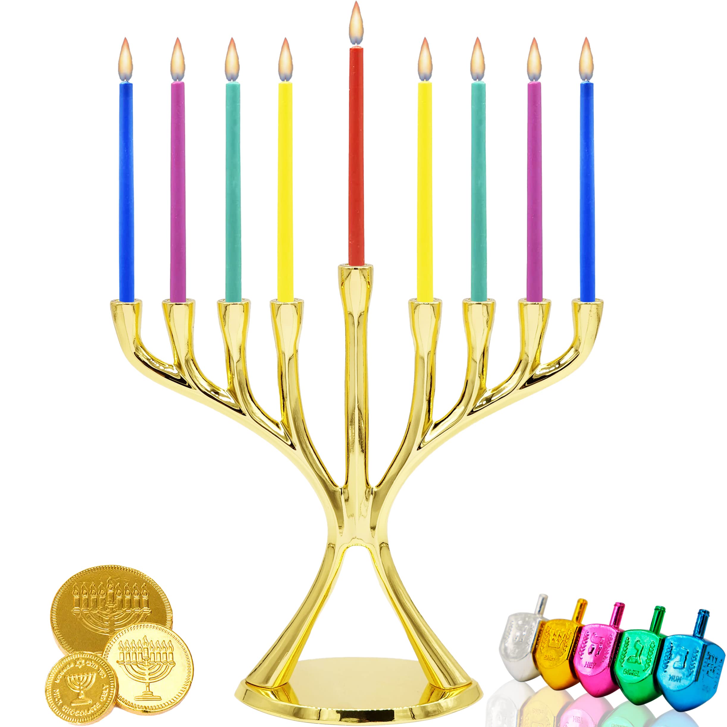 Modern Hanukkah Menorah - Polished Gold Finish, Non-Tarnishing, Fits Standard Hanukkah Candles | Elegant Jewish Holiday Decor for Home & Gift Giving