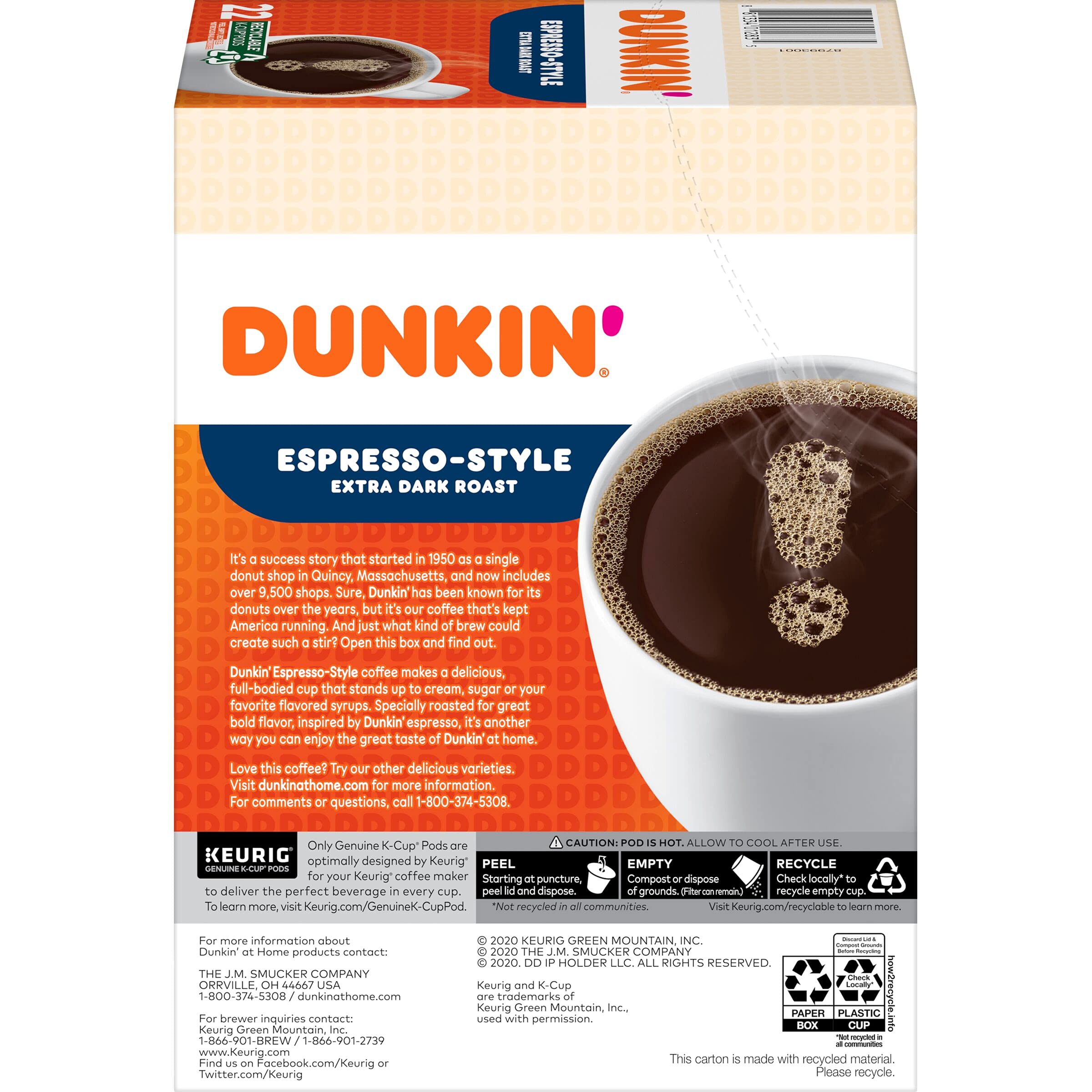 Dunkin' Espresso Style Extra Dark Roast Coffee - 88 Keurig K-Cup Pods for Strong Bold Flavor | Perfect for Home & Office Coffee Brewing | Compatible with Keurig 2.0 & Single Serve Brewers