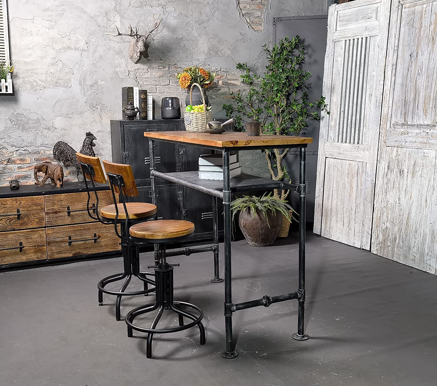 Set of 2 Adjustable Height Industrial Bar Stools - Swivel Farmhouse Kitchen Dining Chairs with Backrest - 19.7 to 25.5 Inch Counter Height - Perfect for Breakfast Bars, Home Kitchens, and Restaurant Seating
