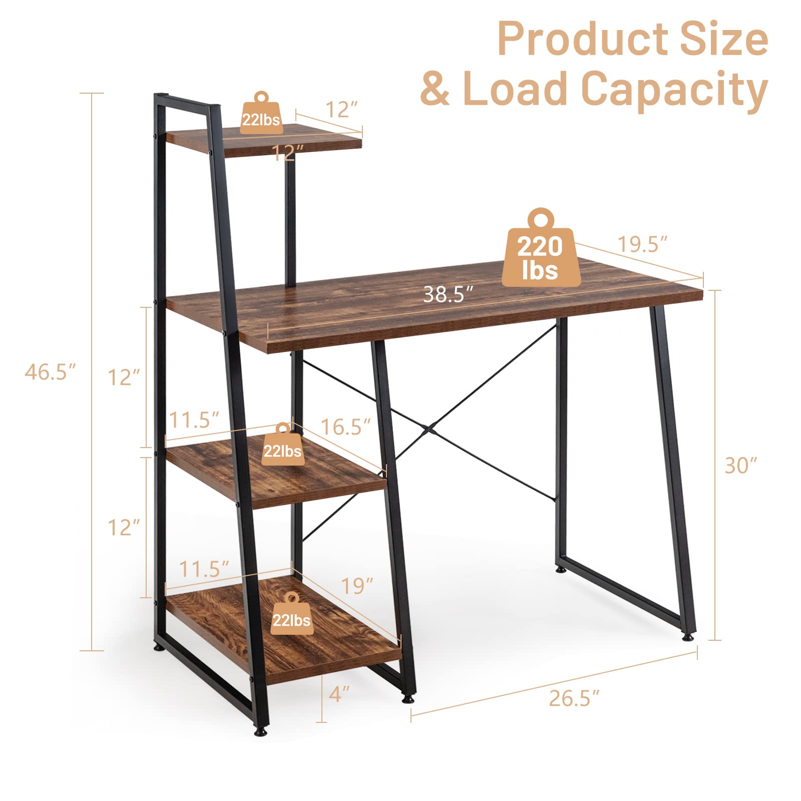 Powerstone Wooden Gaming & Study Desk with Storage Shelves - Home Office, Student & Teacher Writing Table - Perfect for College Dorm, Gaming Setup & Workspace Organization (Brown)