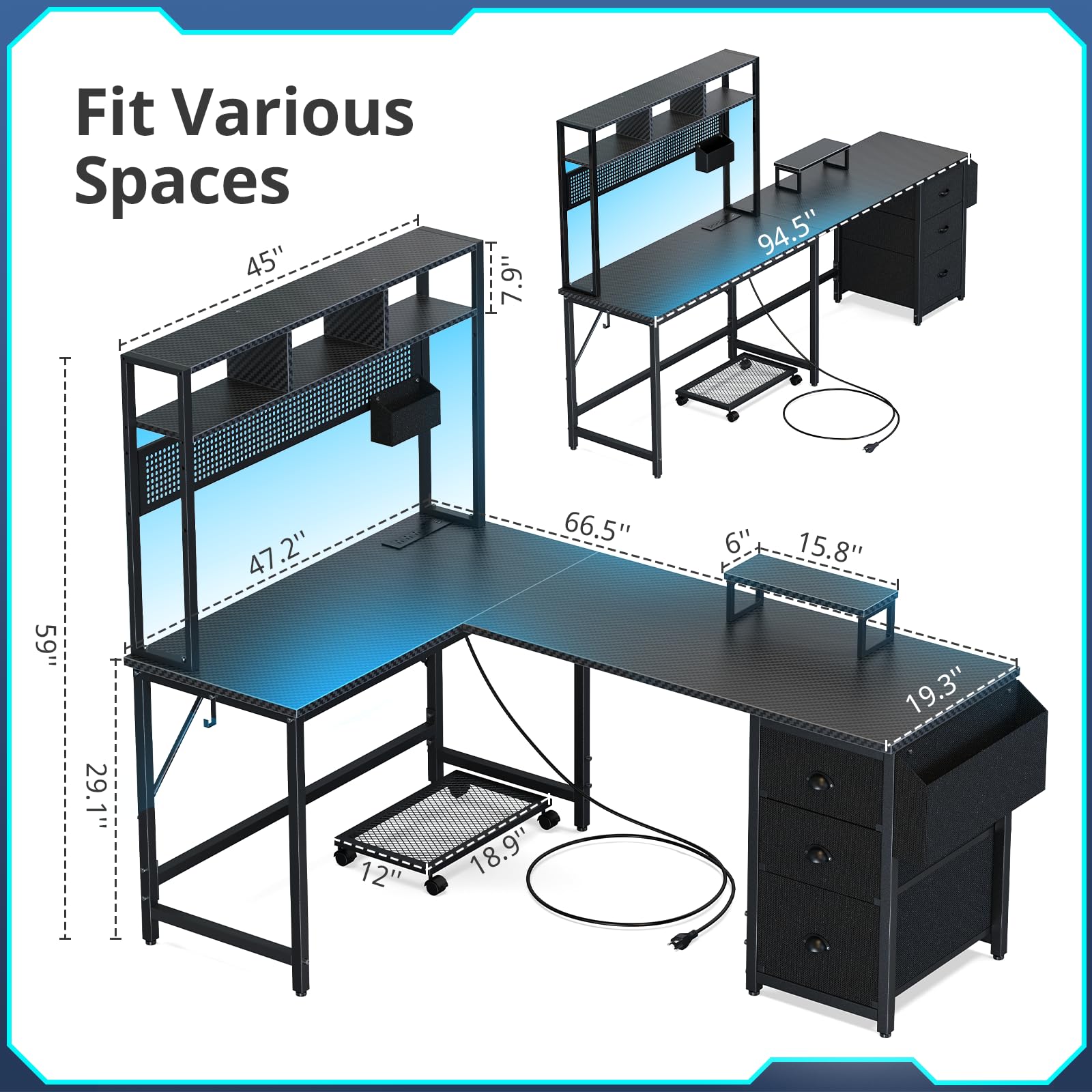 Premium L-Shaped Gaming Desk with Pegboard, Shelves & Drawers - Black Carbon Fiber Home Office Desk with Power Outlet, LED Lights, Monitor Stand & CPU Holder - Perfect for PC Gaming Setup, Streaming & Workstation