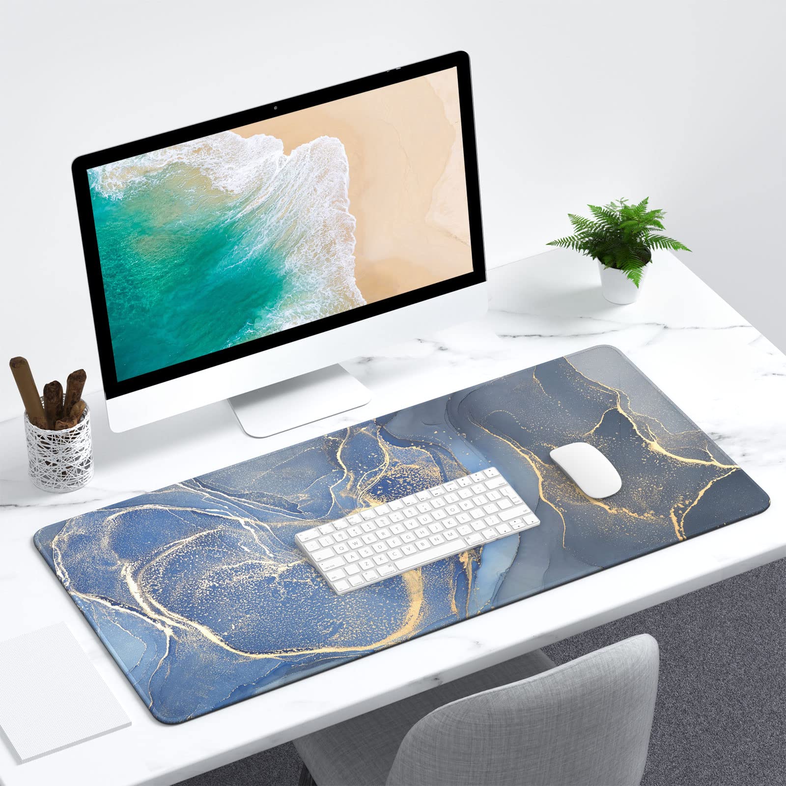 XXL Gaming Mouse Pad 31.5x15.7in - Waterproof Desk Mat with Non-Slip Base for Office & PC Gaming - Dark Blue Marble