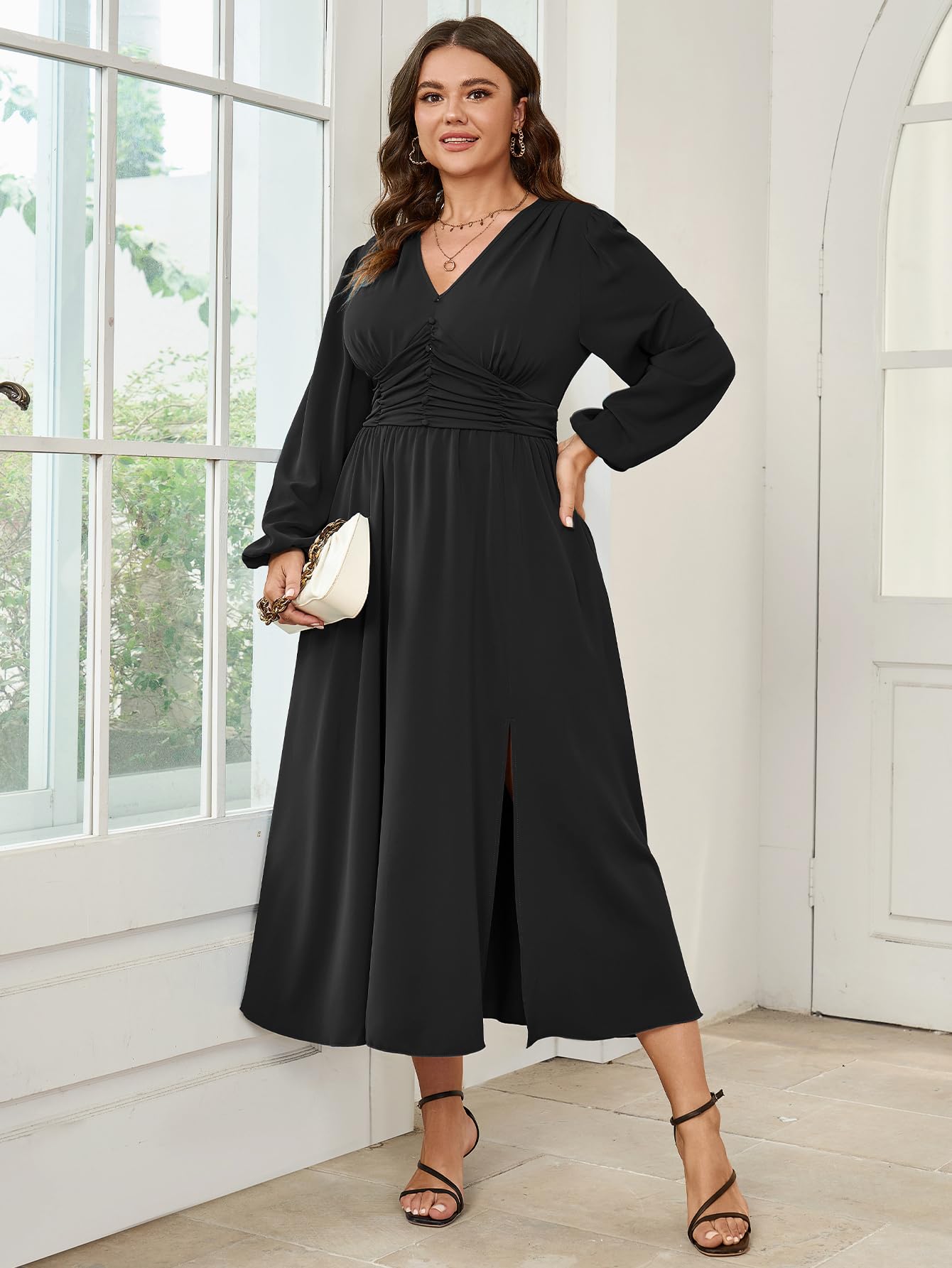 Plus Size Wedding Guest Cocktail Dress for Women - Long Sleeve V-Neck A-Line Maxi Dress with Elastic Waist & Side Slit | Perfect for Formal Events, Parties & Special Occasions