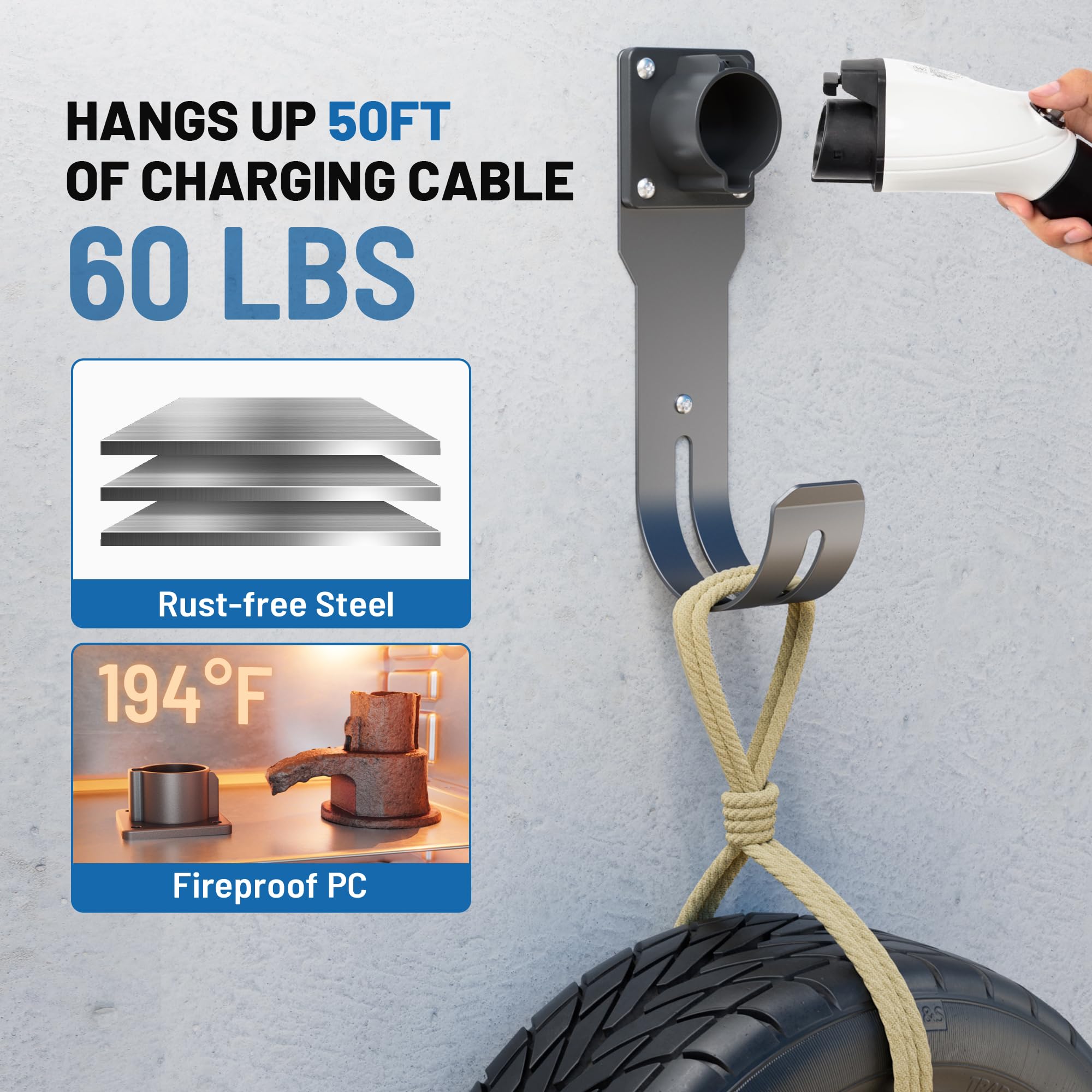 SAE J1772 EV Charger Holder - Wall Mount Nozzle Holster Dock & J-Hook Combo for Electric Vehicle Charging Cable Organization | Perfect for Home Garage, Workplace & Public Charging Stations