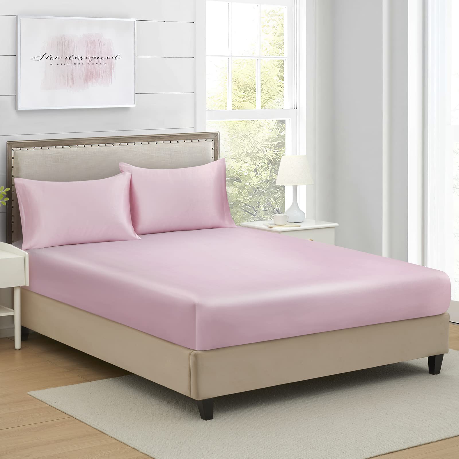Silk Satin Queen Size Fitted Sheet - Deep Pocket Soft Breathable Wrinkle-Free Non-Fading Fully Elasticized Bottom Bed Sheet (Pink) - Perfect for Luxury Bedrooms, Guest Rooms & Hotels