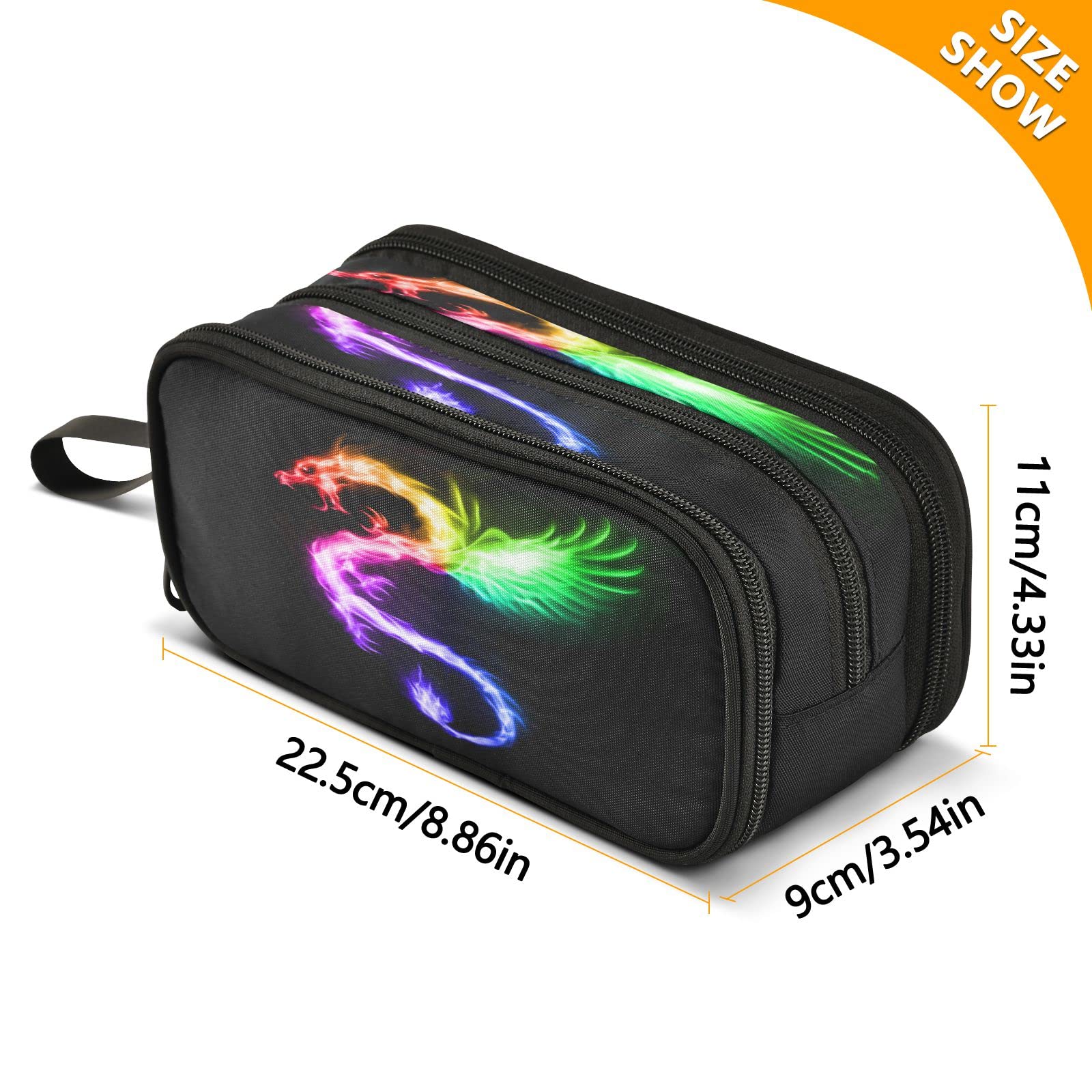 Rainbow Fire Dragon Pencil Case - 3 Compartment School Pen Holder Pouch for Boys & Girls - Portable Stationery Organizer for Pencils, Pens & Art Supplies - Perfect for Classroom, Homework & Travel