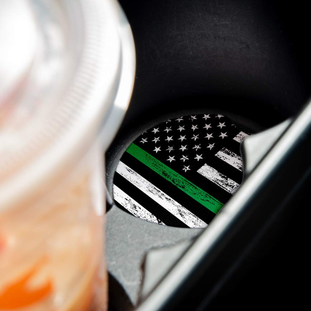 Thin Green Line Car Coasters Set of 2 - Absorbent Drink Coasters with Rubber Backing (2.56 Inches) - Perfect Car Accessories for Coffee, Soda & Beverages - Ideal for Road Trips, Commuting & Daily Use
