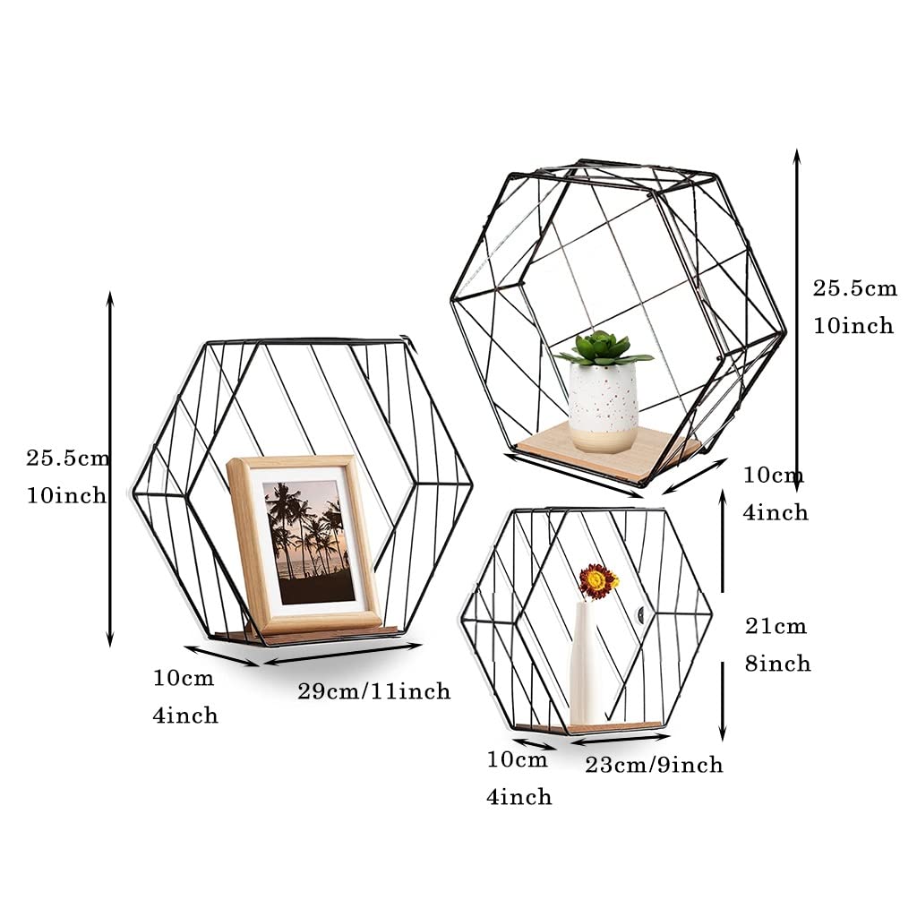 Hexagon Floating Shelves Set of 3 - Rustic Metal Wall Mounted Shelves for Home Decor | Bedroom, Living Room, Bathroom & Entryway Storage & Display | Black Industrial Wall Shelves for Modern & Farmhouse Style Decorating