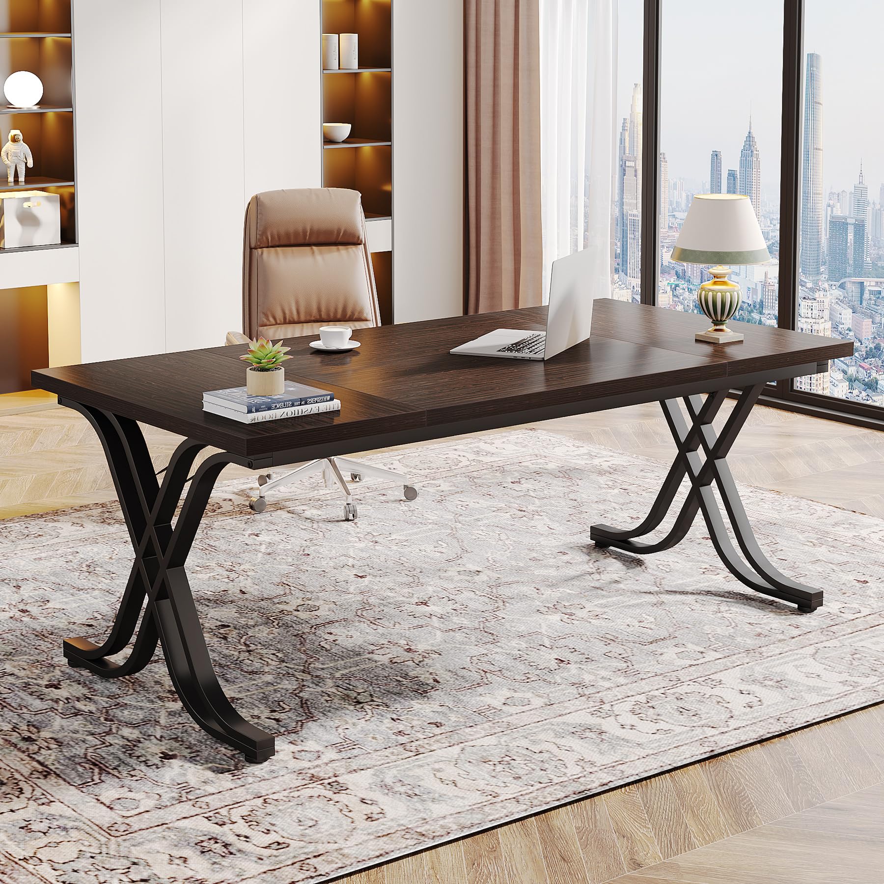 Tribesigns 63 Inch Executive Desk - Large Office Computer Desk with Thick Wooden Tabletop & Sturdy Metal Frame, Modern Minimalist Workstation for Home Office, Study & Writing (Walnut Brown) - Perfect for Remote Work, Online Classes & Home Office Setup