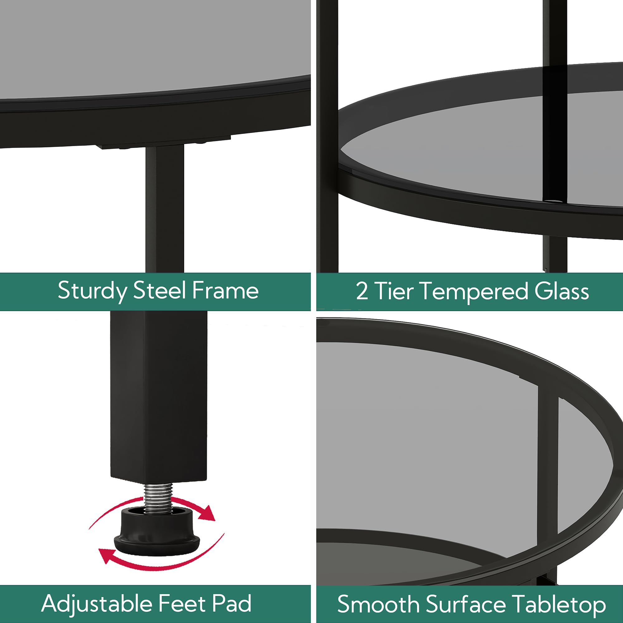 Modern Round Glass Coffee Table with Storage - 2-Tier Circle Living Room Center Table, 26