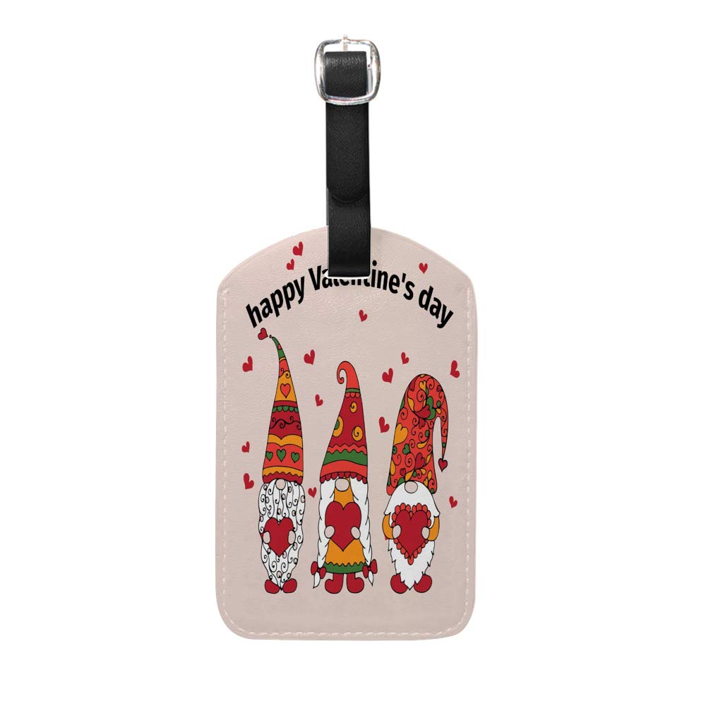 PU Leather Luggage Tags with Privacy Cover - Cute Gnomes Holding Hearts Design for Suitcases, Travel Bags & Backpacks | Valentine's Day Gift Idea for Travel Lovers