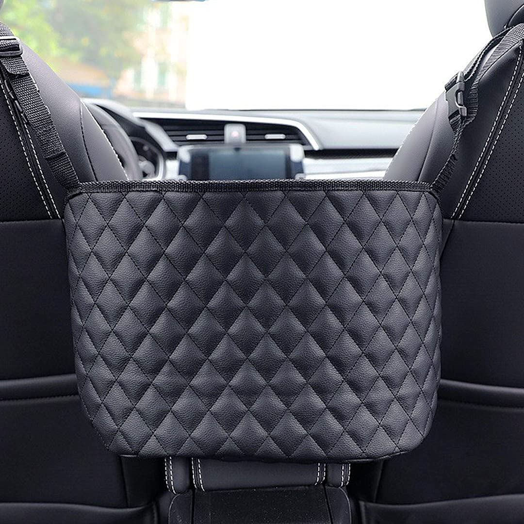 Premium Car Handbag & Wallet Holder - Leather Back Seat Storage Organizer with Child/Pet Barrier - Perfect for Handbags, Purses & Accessories Between Seats (Black) - Ideal for Road Trips, Family Travel & Daily Commute