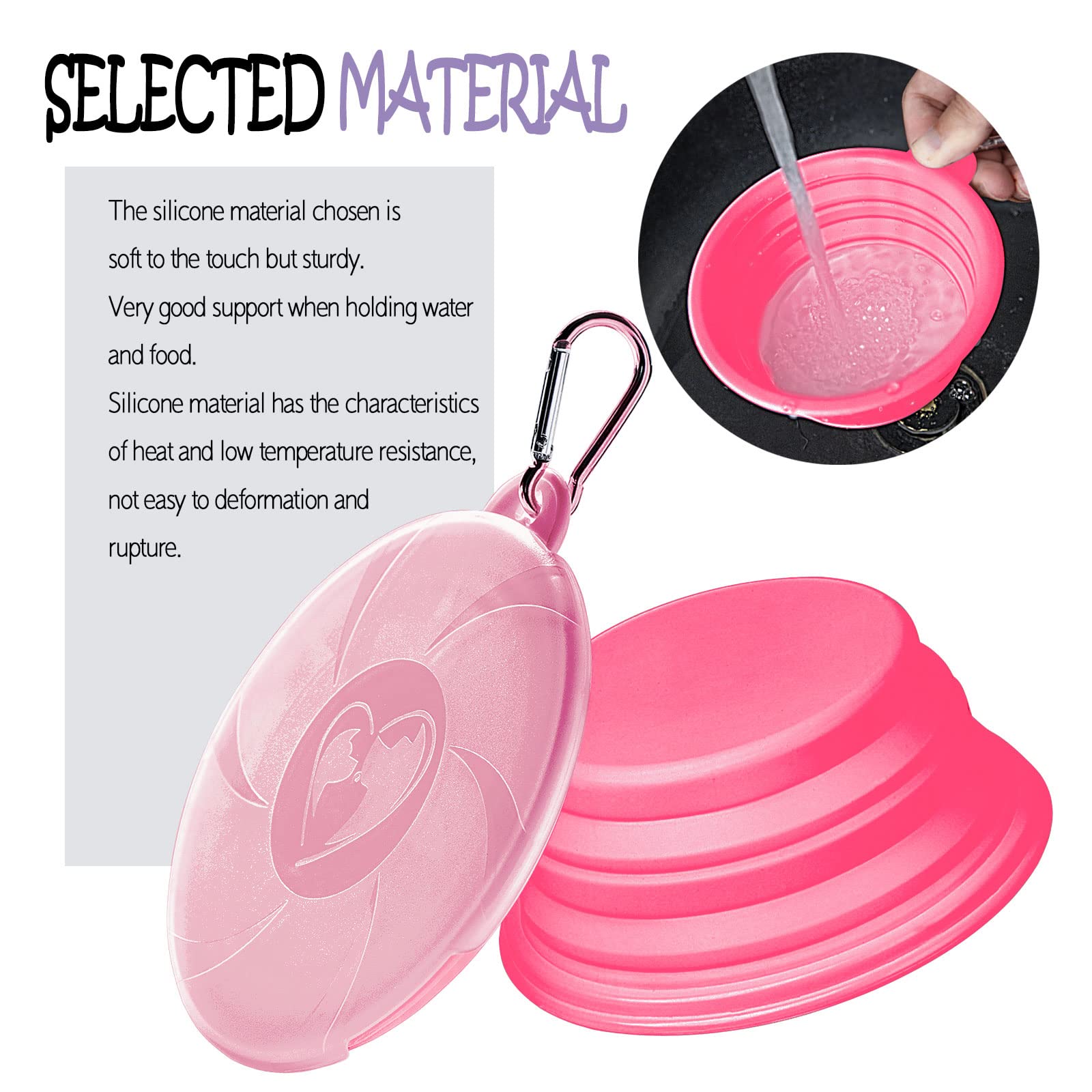 Collapsible Dog Bowl for Travel - Portable Silicone Pet Food & Water Dish with Lid & Carabiner for Dogs & Cats, 15oz/450ml Foldable Doggy Bowl - Perfect for Hiking, Camping, Outdoor Adventures (Pink)