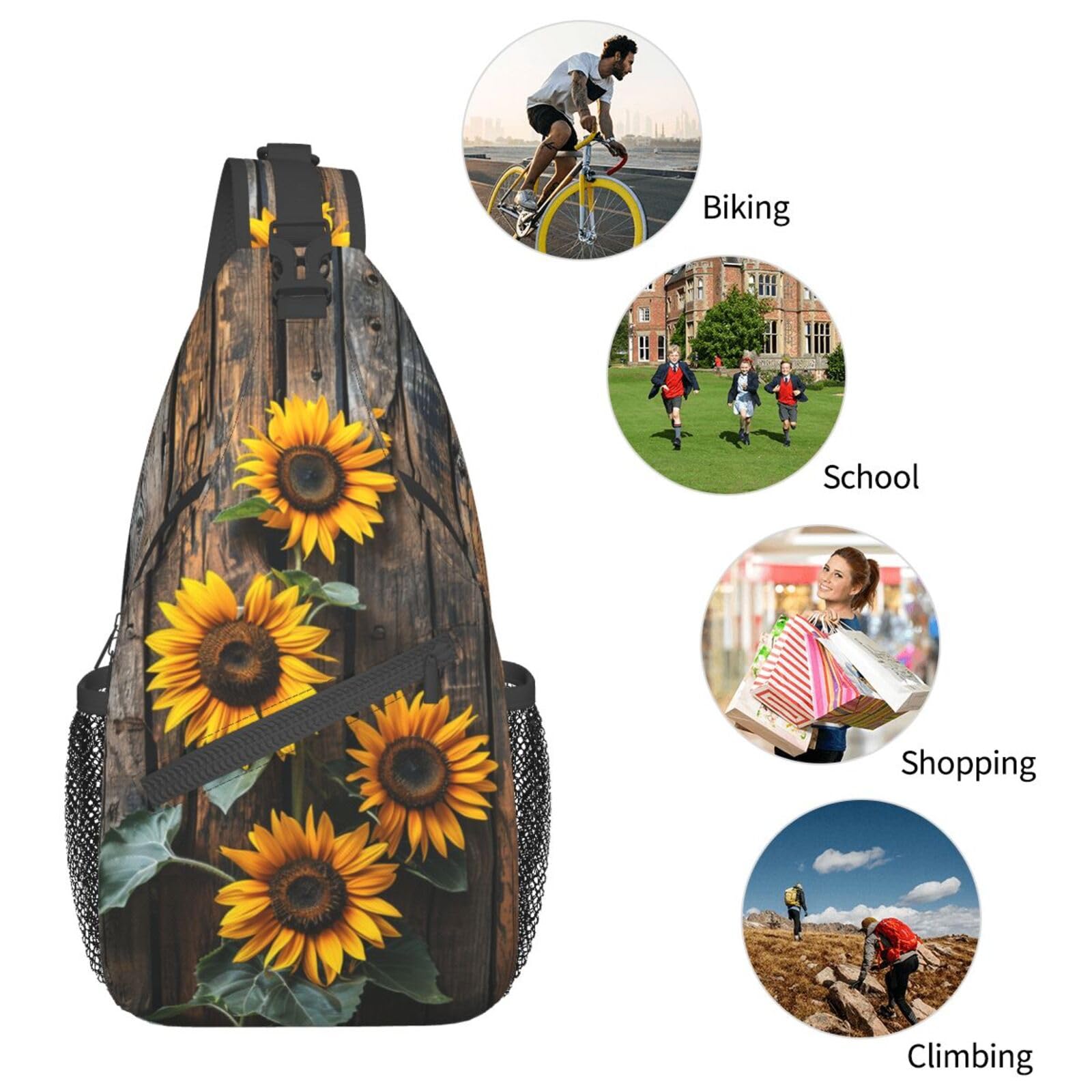 Sunflower Wooden Board Sling Backpack - Lightweight Waterproof Hiking Bag for Outdoor Sports